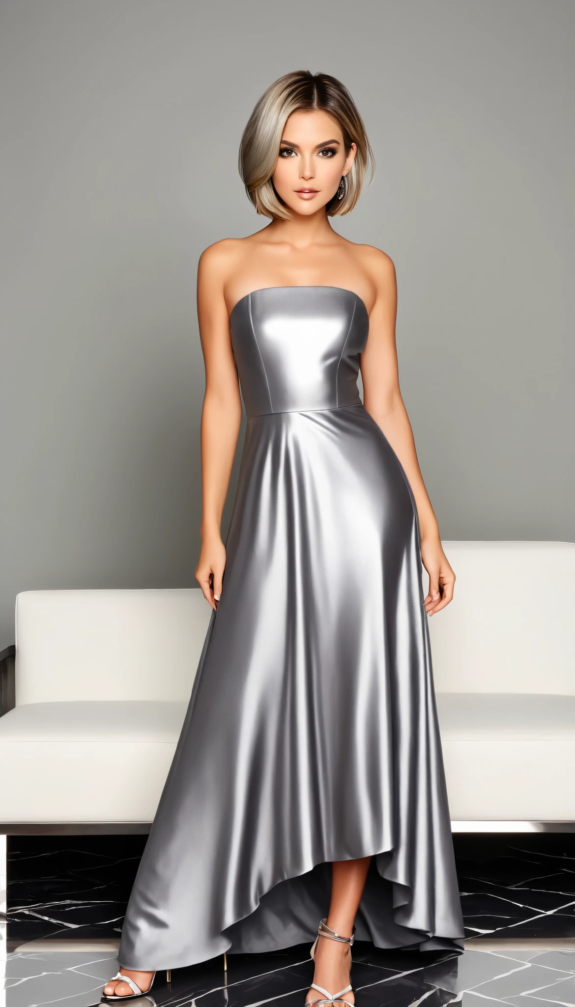 A contemporary scene of a woman in a sleek, modern gown. The gown transitions from metallic silver to black, adorned with minimalist designs. Her hair is styled in a chic, sleek bob, and she wears modern jewelry. The background features a sophisticated, minimalist setting with clean lines and modern decor, creating a sense of contemporary elegance