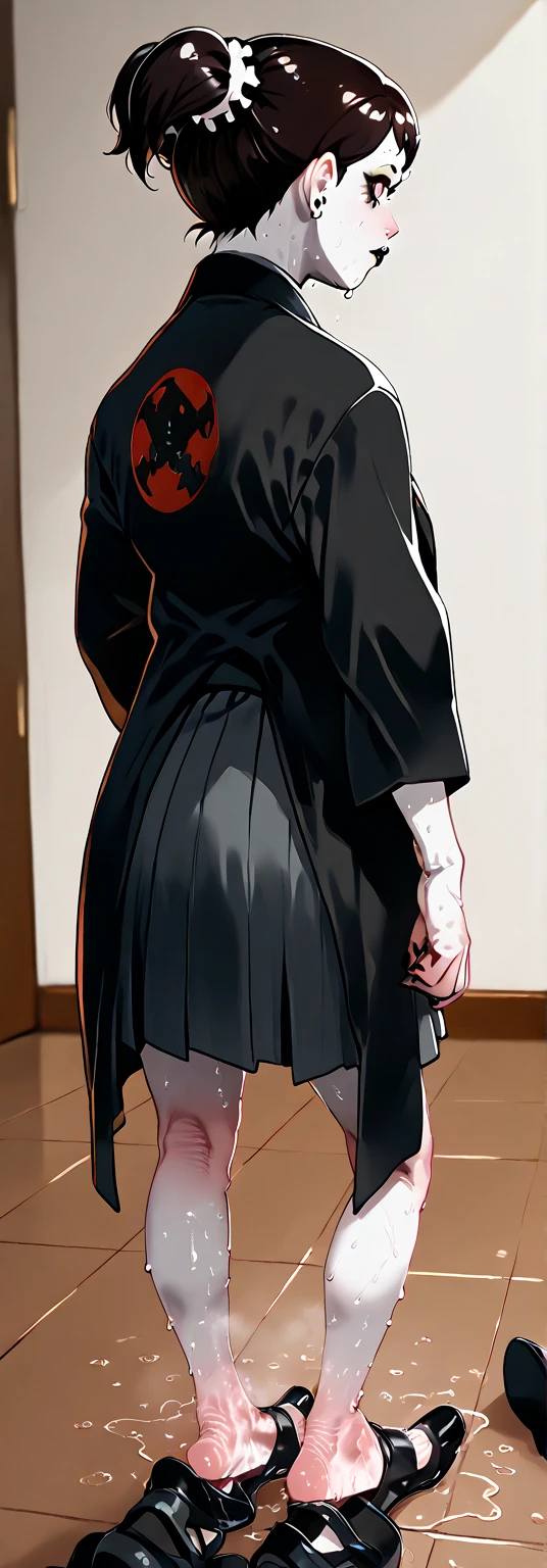 ((best quality)), ((masterpiece)), (detailed), (high resolution), perfect face, 1 Women, (violet slit eyes:1.3), (long black hair), Straight across bangs, (grown-up face:1.4), parted lips, A little big breasts, (naked:1.2), (holding towel:1.2), (towel on leg), lower body, (leaning forward:1.3), (molest), Stimulating, (Embarrassed face), (orgasm:1.2), (anime coloring:1.1), Stimulating, (Yamashiro Ren), Mato Seihei no Slave, looking at viewer, a red hair ribbon, 2d, illustration, from behind,