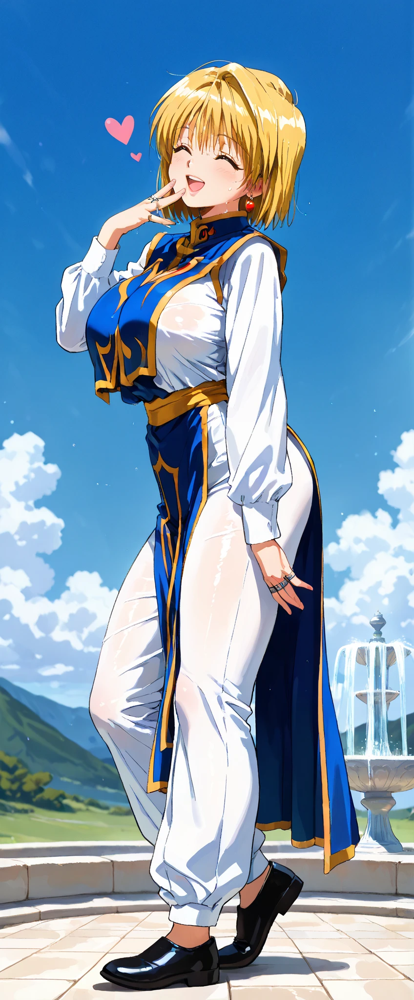 masterpiece, best quality, woman, black eyes, folded ponytail, white long coat, coat on shoulders,white navy soldier uniform ,epaulettes, purple shirt, blue pants, upper body, looking at viewer, large breasts, ocean, city ,(hd), (full body shot), (high resolution)