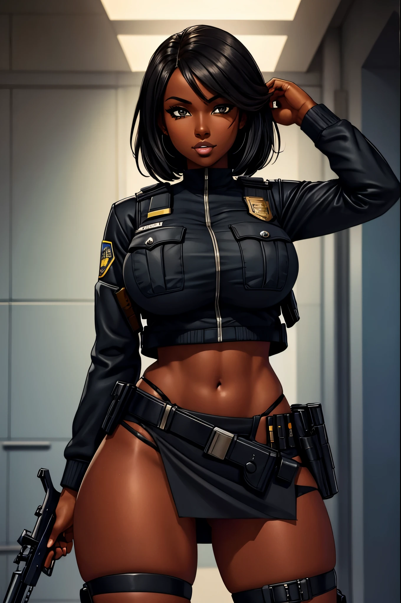 Masterpiece, highest quality, details, black woman, African female, hunter, brown skin, warrior, modern, full body, sensual eyes, gun in hand, city building, realistic, game avatar, sexy pose, brown leather clothes, silver bullet necklace, crucifix earrings, long braided hair, grandes, vampire hunter, black leather jacket with red words, utility belt on waste, yoga pants