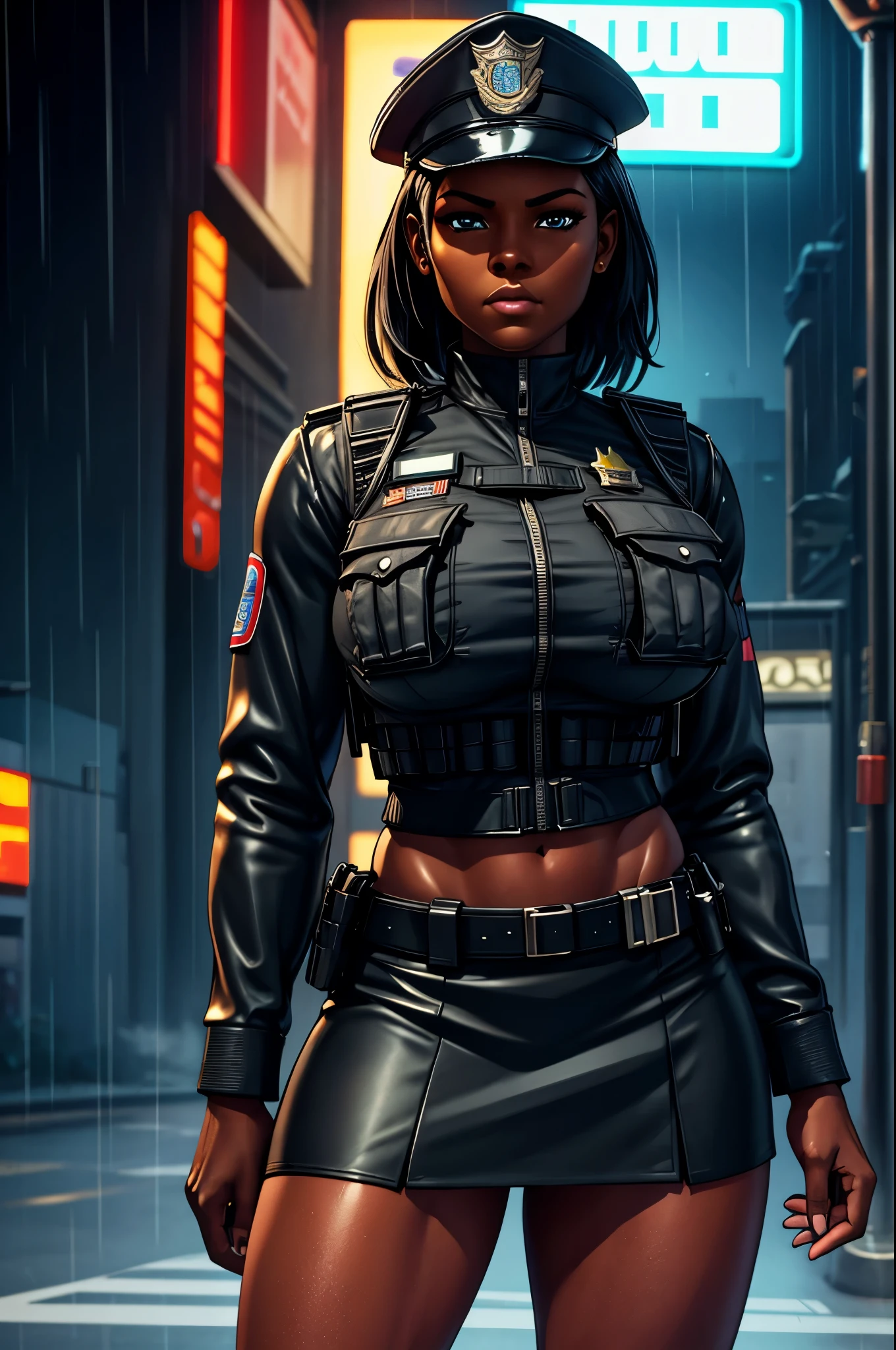 Masterpiece, highest quality, details, black woman, African female, hunter, brown skin, warrior, modern, full body, sensual eyes, gun in hand, city building, realistic, game avatar, sexy pose, brown leather clothes, silver bullet necklace, crucifix earrings, long braided hair, grandes, vampire hunter