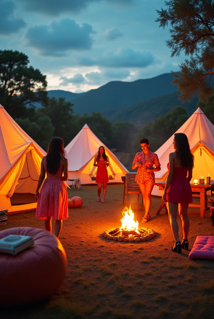 (photorealistc:1.1) beautiful young Hispanic woman cooking over a campfire, campsite in the woods, tent and picnic table in background, woman wearing evening gown, woman smiling, elegant woman with long hair