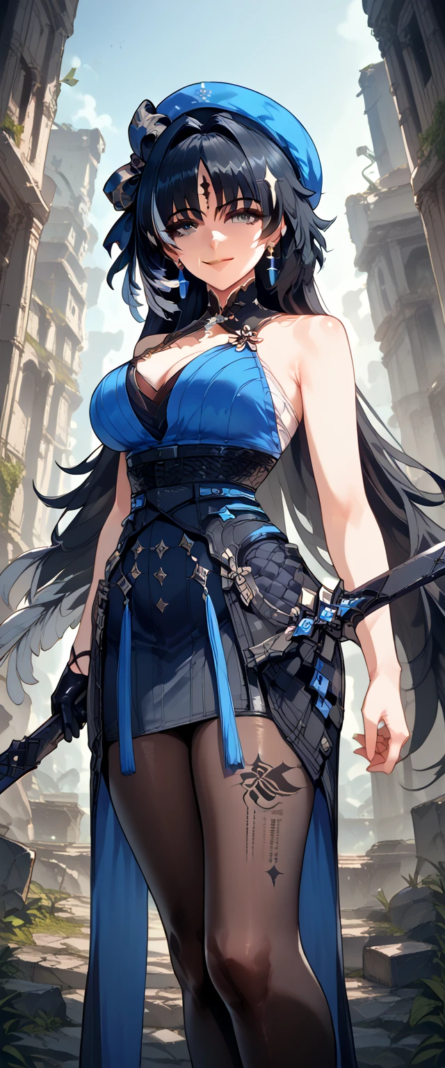 ((best quality)), ((masterpiece)), (detailed), 1girl, midriff, long black hair, blue highlights, face veil