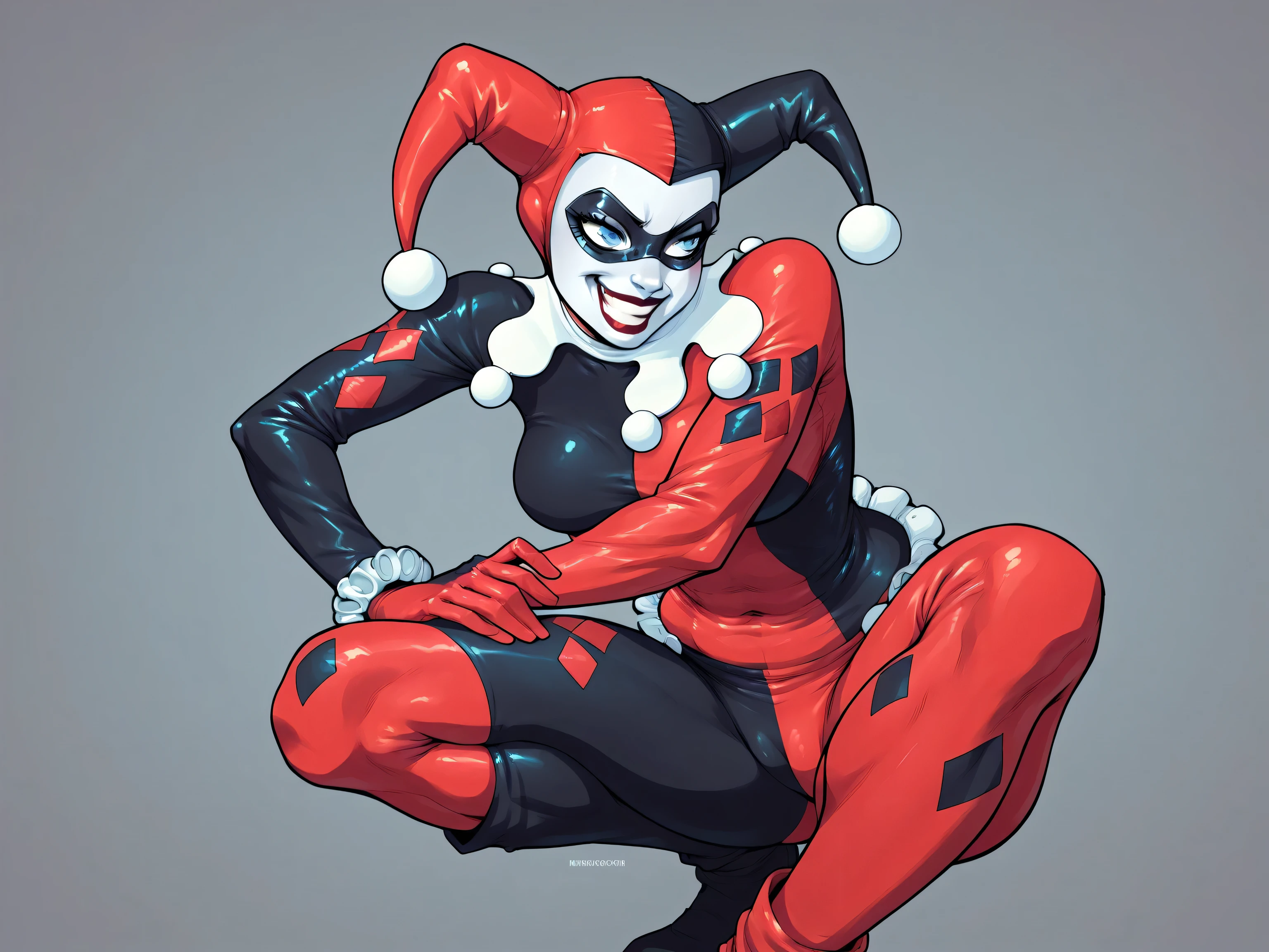 (masterpiece, best quality:1.2) dark red lighting, 1girl, harley quinn, in her bedroom, very pale skin , tattoos, full body jester suit, jester head piece, horny, lustful, posing 