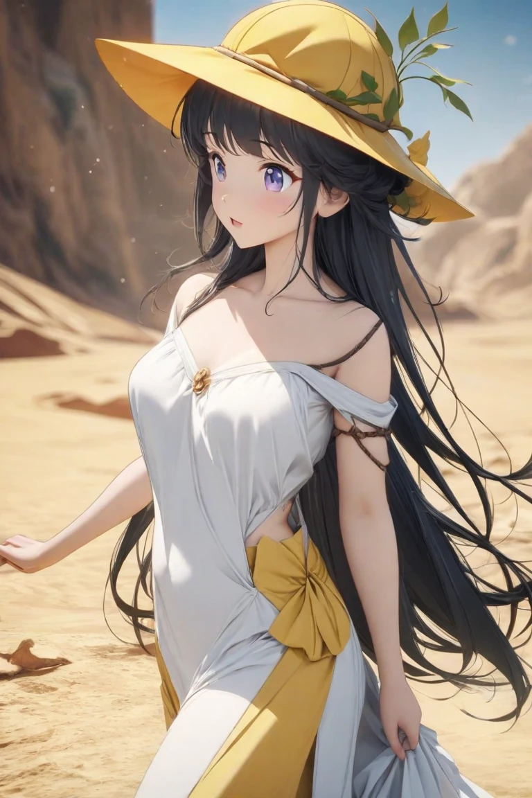 (Masterpiece, top quality, super detailed CG, ultra detailed beautiful face and eyes, super detailed, intricate details:1.2), 8k wallpapers, elaborate features,
(1 person, solo:1.4)perfect cartoon illustration,(1 person, solo:1.4)
(realistic textures:0.8), high res, cute, (vivid colors, dynamic lighting:1.0), (high contrast:0.8),
Young woman staring at a group of huge pyramids in the desert, A fair-skinned, slender and tall, dressed in a thin white one-piece dress reaching down to her calves, straw hat, the beautiful silhouette of her whole body is faintly visible through her clothes, her whole body is illustrated in the back view, the place is the Egyptian pyramids at dusk, desert, The wind is blowing strongly