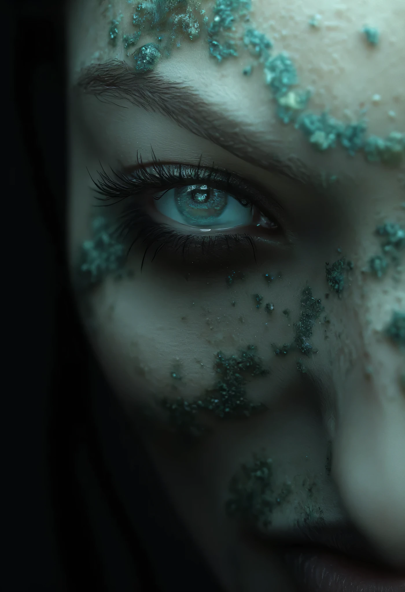 Um hiper-realista , Detailed view of an Amazonian green mermaid, Aquamarine on your body, mosses stuck in their scales, small translucent blue eyes, translucent oily skin, Scale , intricate details, striking features, photorealistic bikini, masterpiece, cinematographic lighting, atmosfera surreal, dark costume , melancholic nocturnal