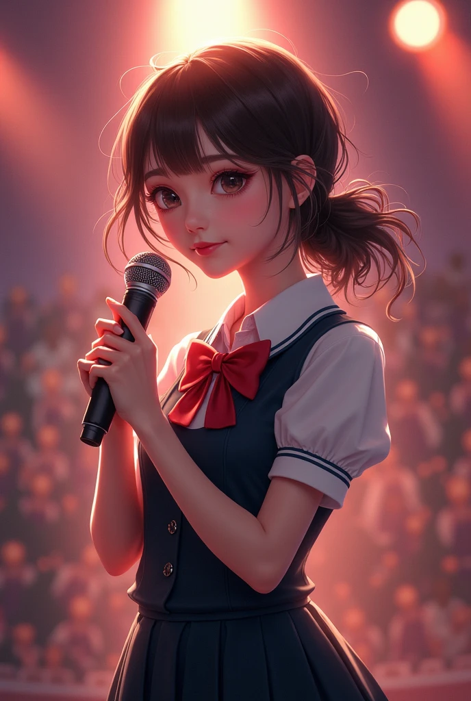 Long shot photo of a beautiful child girl, brown long wavy hair down, japanese pop idol, 50mm portrait, on colorful stage with colorful stage lights, crying with tears thanking everyone with microphone, Top: Baby blue and white sweet collar, front button closure, white buttons, baby blue solid short skirt and matching beautiful Bow Tie, flower clip with baby blue petals on the top and in the hair, white shoes with light blue laces