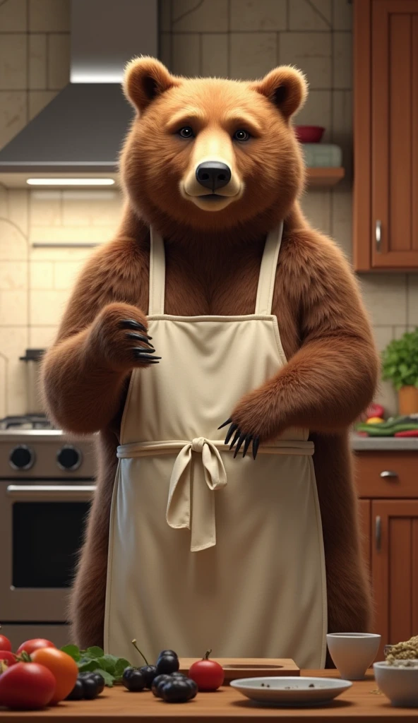 a striped badger with big breasts, cooking in a kitchen, flour on the fur, detailed fur, bright and colorful atmosphere, photorealistic, 8k, high quality, masterpiece, fantasy, whimsical
