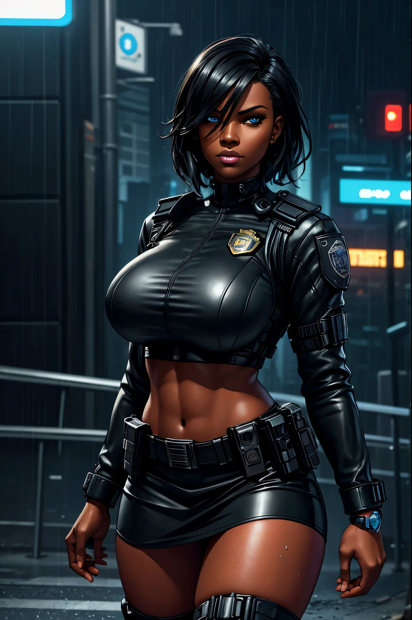 /Imagine a female character, spectacular body, black woman, dark brown skin, Asian-style slanted eyes, Egyptian-style eyeliner makeup, Her hair is brown curly, hair tied back like a ponytail, her face and her hair is the same as the face and hair of the singer Nicki Minaj, black and very dark skin, she wears sensual combat clothes, short camouflage jacket, leather top underneath, bust and belly showing, she has medium round breasts, she has a well-defined body, thin waist and thick thighs, her body has sensual curves, her legs are long and toned, she has long tactical boots that go up to the middle of her thighs, ((show the character in full body)), She is in a battle pose, Triumphal pose in the style of cinema posters, she must be holding a technological weapon, digital art, line drawing, realistic colors, realistic shading and lighting, European style illustration, In the background technological scenery with robotic beings and neon lights,