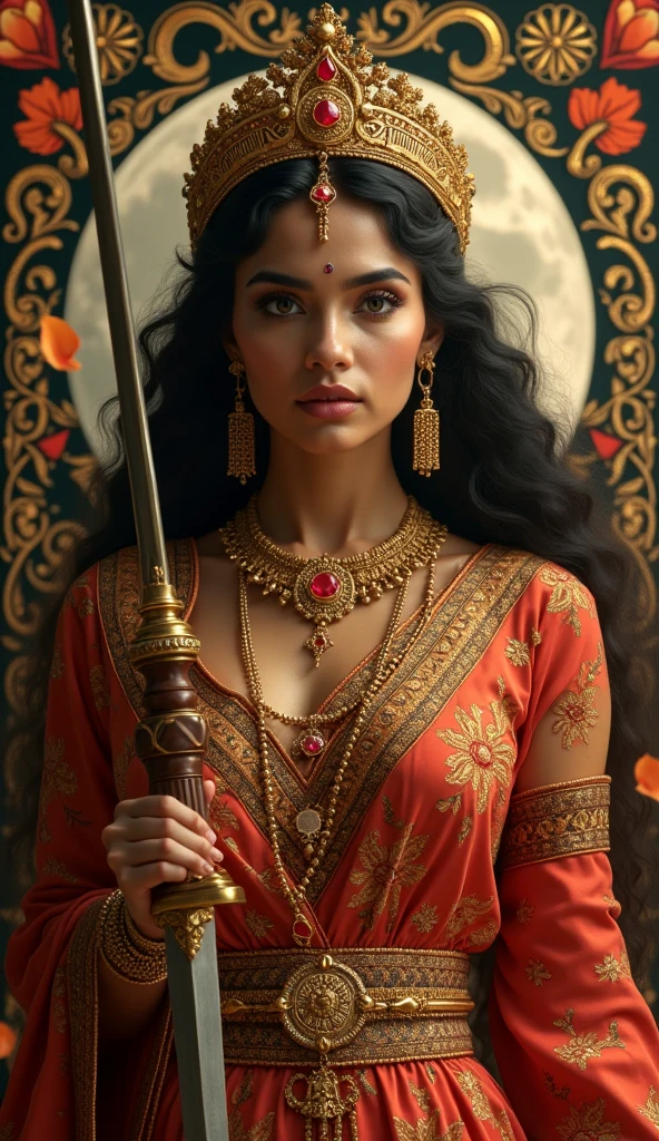 A beautiful gypsy, Maria Padilha, flowing curly black hair, detailed dark face, brown eyes, detailed lashes and eyebrows, mascara and blush makeup, happy expression, silver earrings detailed with red stones, large breasts, choker and red scarf on her head, equally detailed with coins, wearing a beautiful black dress, colorful sash at the waist, ruffles, chains, black and red lace on the lap and arms, the night, a house background made of aged material, a lamp on the wall illuminating her thick hair, an image of Take your breath away, in the highest quality, 8k. UHD.