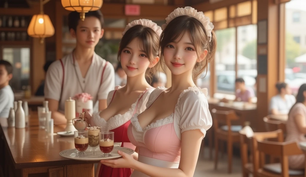 Inside the Starbucks store、24-year-old office lady in a miniskirt suit、Eat cake、Drink coffee、smile、Heart Necklace、Gold bracelet
((Emphasize cleavage))
((A pink bra with a floral pattern is visible))
((((Dark eye makeup))))

