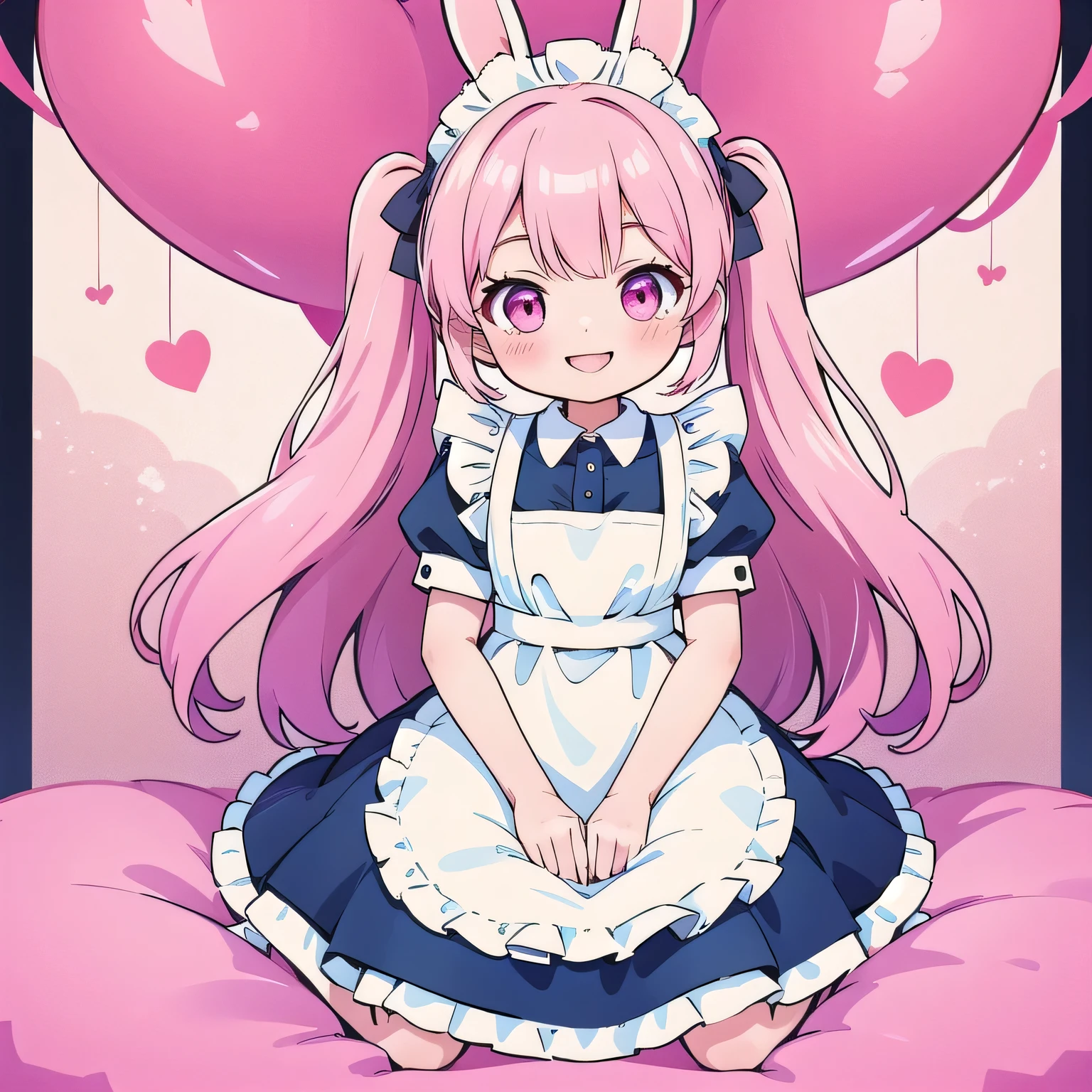 high quality,
1人の女の子,ちび,pink,rabbit,smile,maid,wariza,