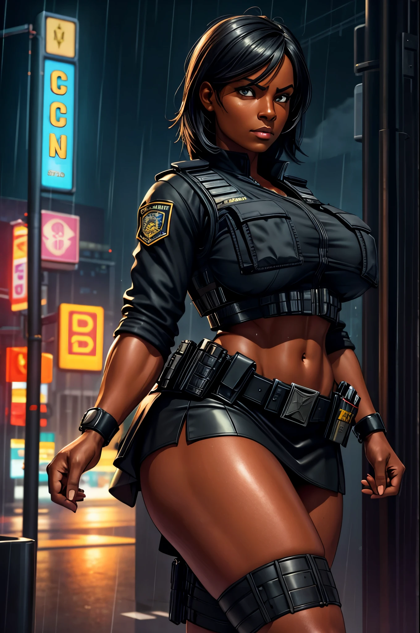 (Masterpiece) (High Detail) (High Res) (Black Skin) Looking from below A young teenage black humanoid girl with dark skin and ebony flesh and green eyes and short black hair and goat ears and short dark goat horns and a toned teen body and average to small breasts dressed in a police uniform with a shirt and pants dressed like an officer of the law