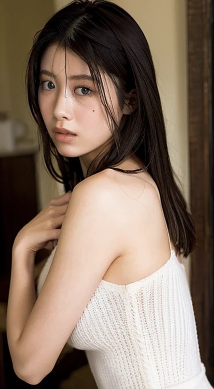 Uruchan-6500-v1.1, (RAW Photos:1.2), (Photorealistic), (Genuine:1.4), 1girl、Perfect Anatomy、42 years old、Medium Long Hair、Wrapped in a bath towel、((Sitting on the bed:1.3))、