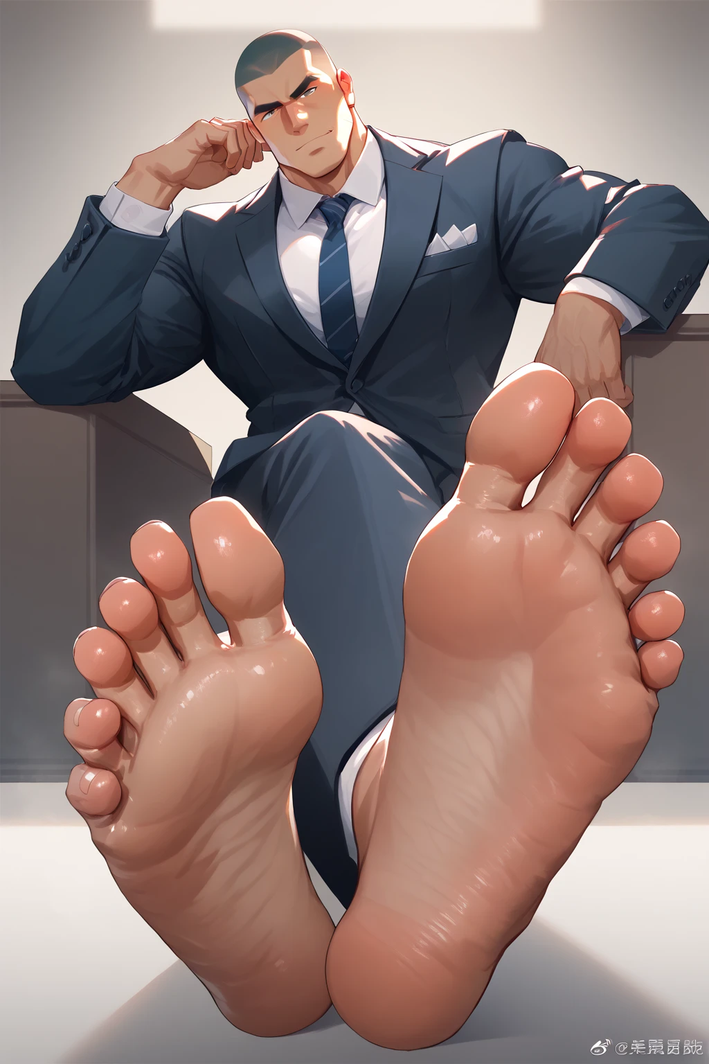 Malay 25 years steward from Malaysia Airline
Suit and tie
Feet on desk
5 toes each feet
tickle feet
Grey sock on his feet