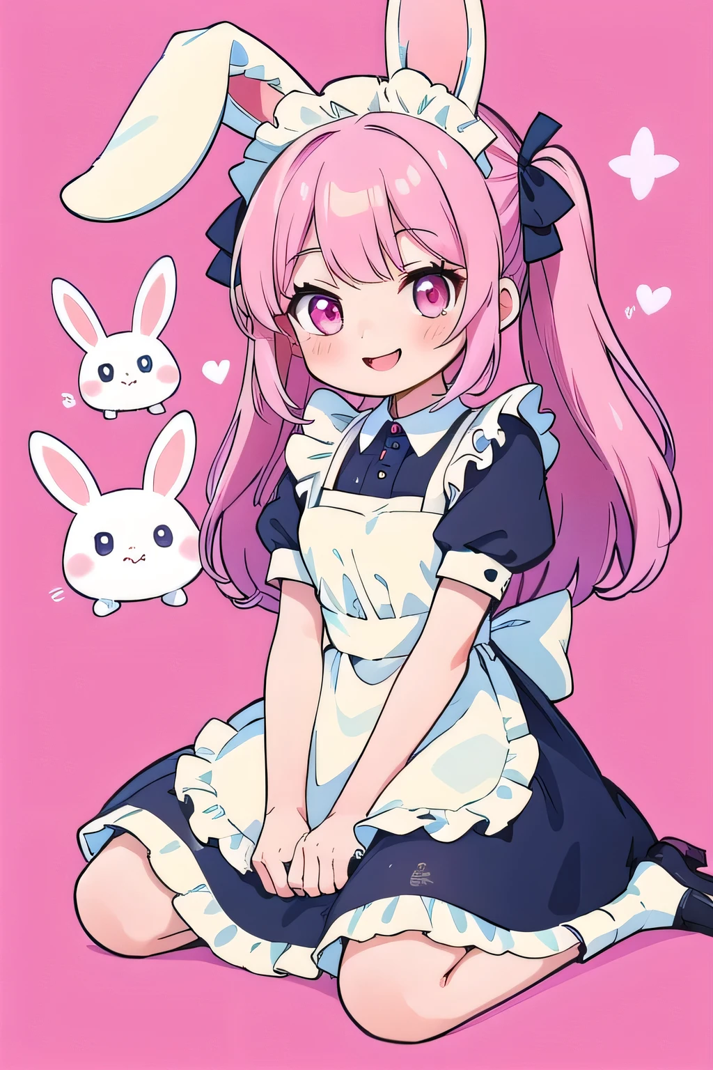 high quality,
1人の女の子,ちび,pink,rabbit,smile,maid,wariza,