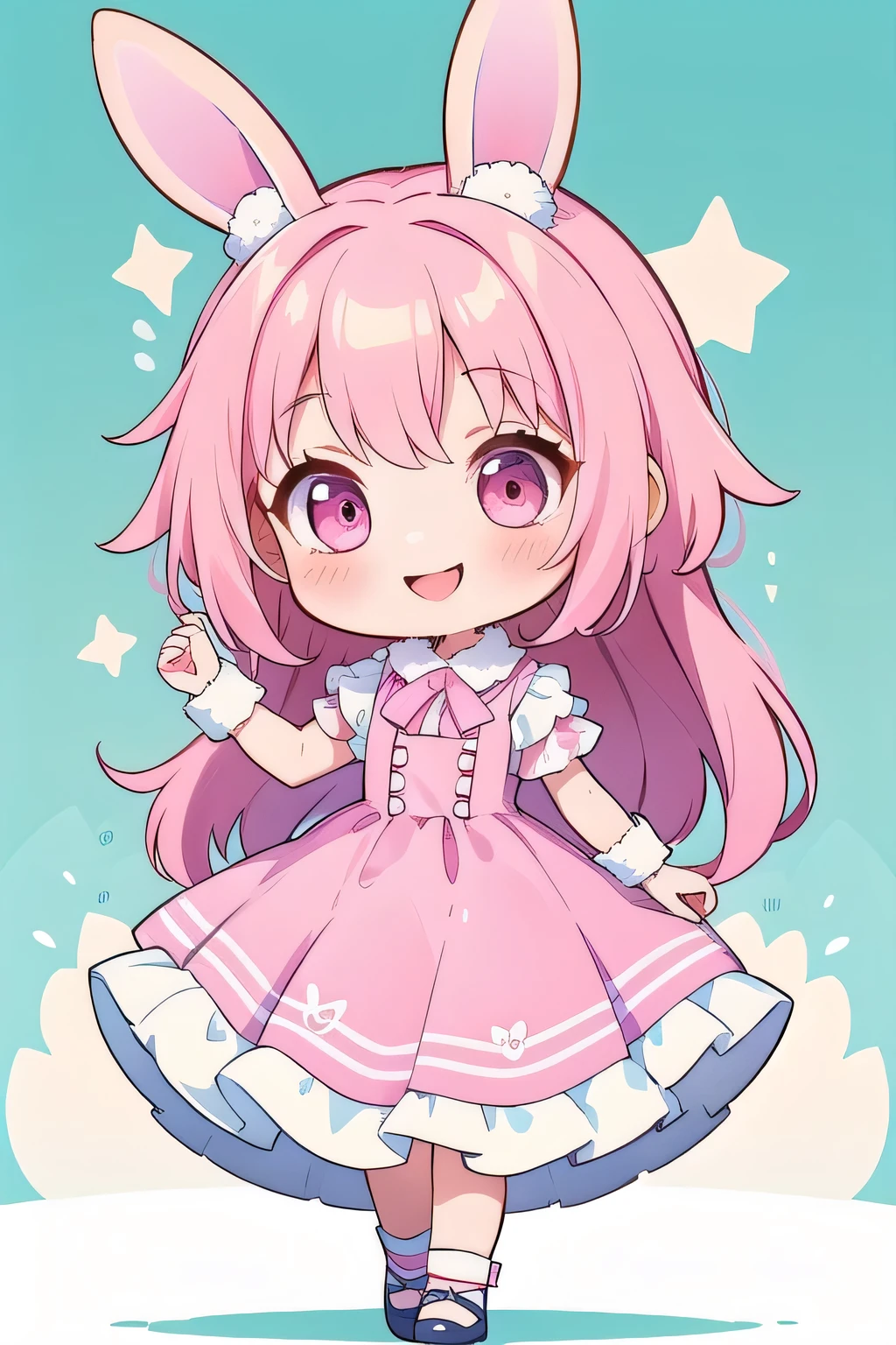 high quality,
hidden hair, chibi,pink,rabbit,smile,dancing,