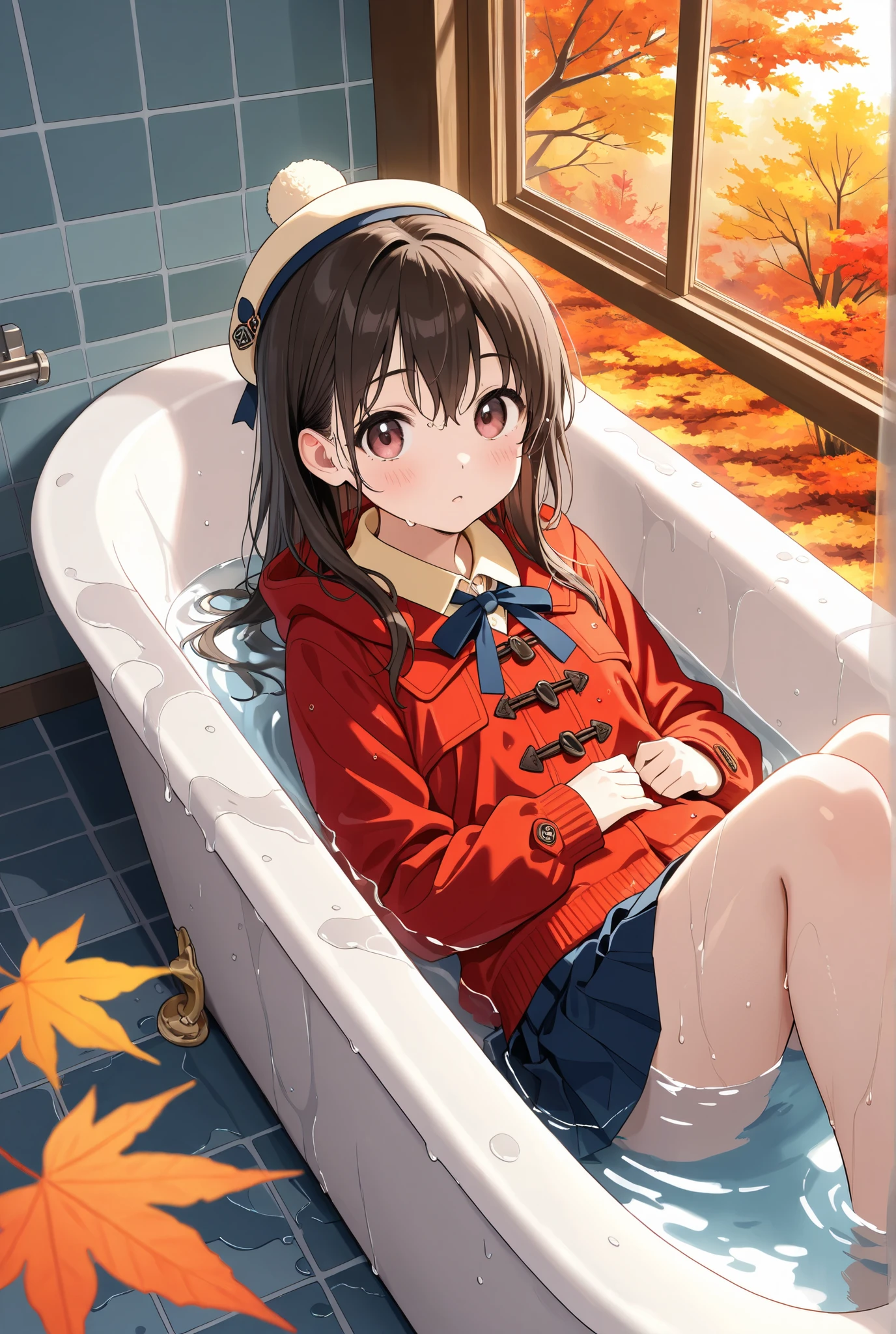 Clothed Bath,girl,wet,Pleated Skirts,cute clothes,Autumn Clothes, wet and transparent,hat,