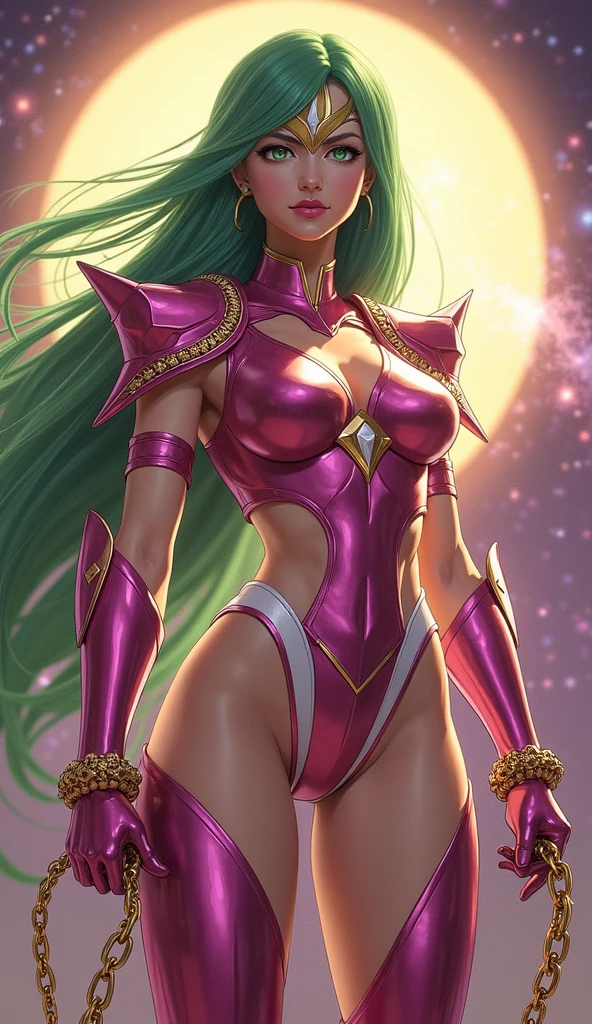 Cartoon photo of woman in green and red costume, hot insect humanoid woman, Guyver style, SFW version, red eye, scarab reploid, bellows tail, cel shade adult animation, alien queen, serpentine pose,