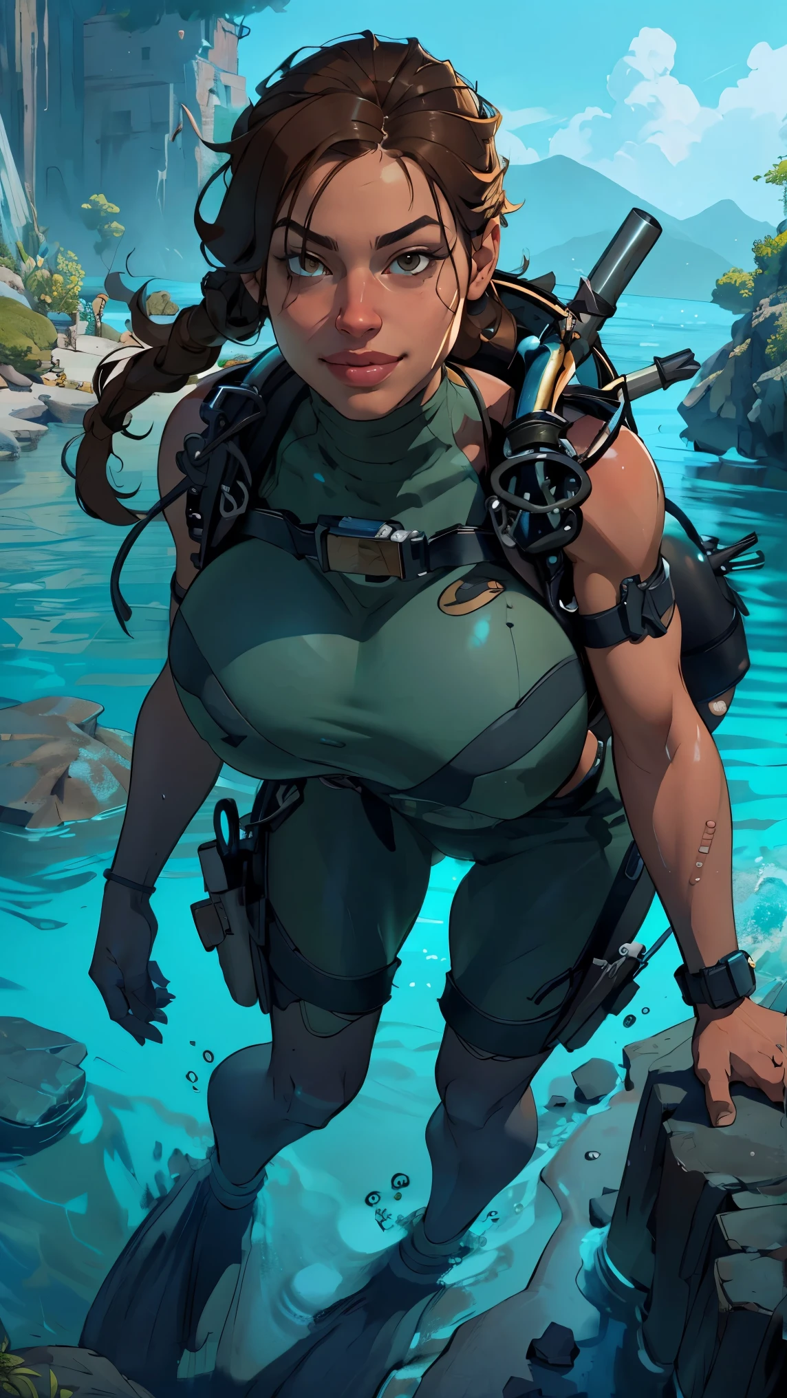 a beautiful Lara Croft, (scuba dive), slim body ,detailed portrait, Photorealistic, 8k , HDR , physically based rendering, sharp focus , vivid colors, intricate facial features, brown hair, confident expression , detailed environment , elaborate environment, serene atmosphere, big breasts , smiley face, half body in the water, full body pic