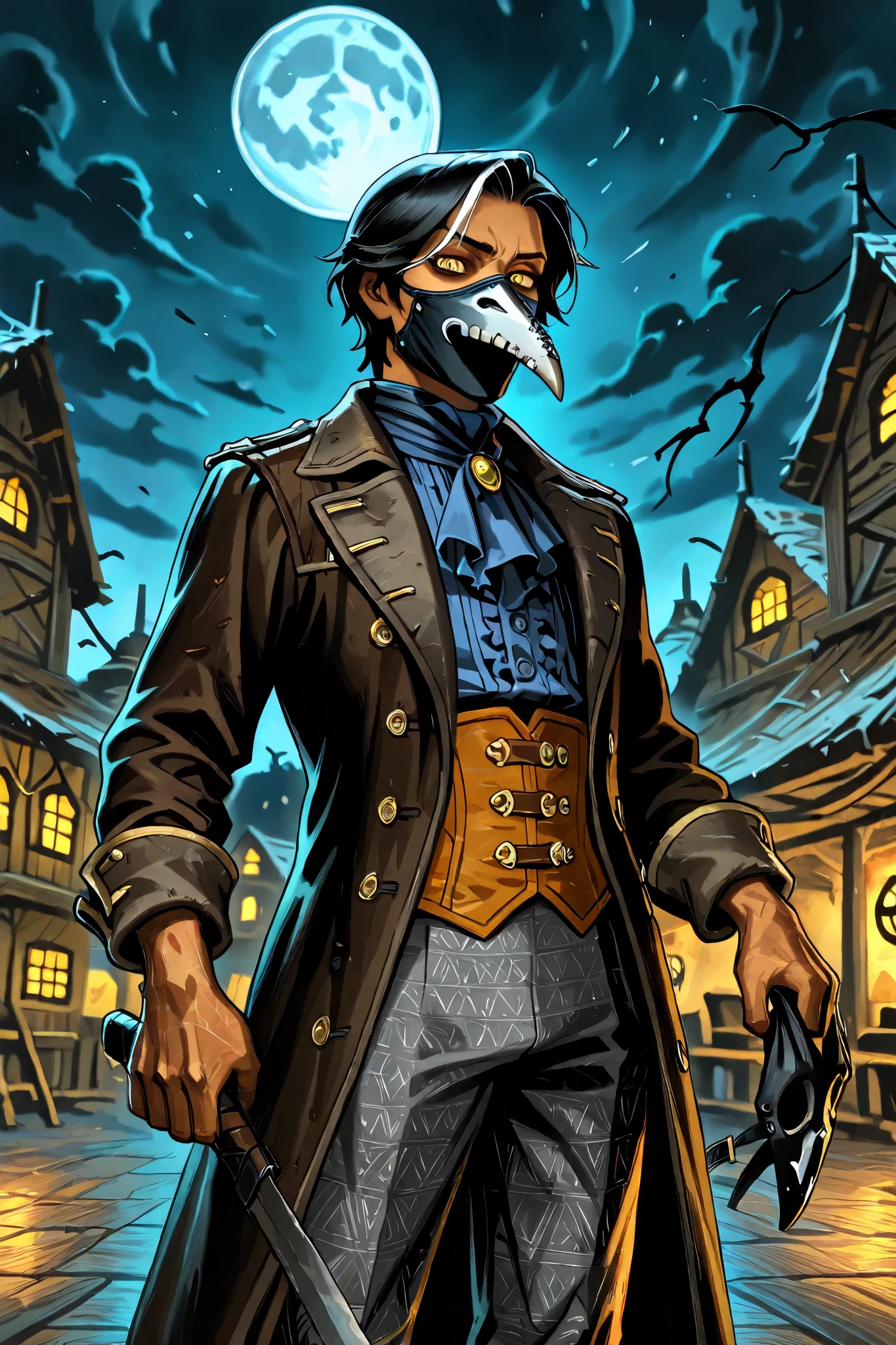 Human, solo, male, tan skin, black short hair, (wearing a black tricornhat), gold eyes, (wearing a dark blue frock coat), [[a ruffled colonial cream colored shirt underneath the dark blue frock coat]], plague doctor, red colonial era cravat with embeded emerald, ((wearing grey colonial era silk pants)), ((wearing a white beaked plague doctors mask)),sinister, graceful, ((performing in a village square near the coast, )), holding a fiddle, night scene,  colonial style buildings, full moon in sky, [[caviler era clothing, pirate era clothing]], evil necrotic sparks and smoke, dungeons and dragons, fantasy art, close up, npcp