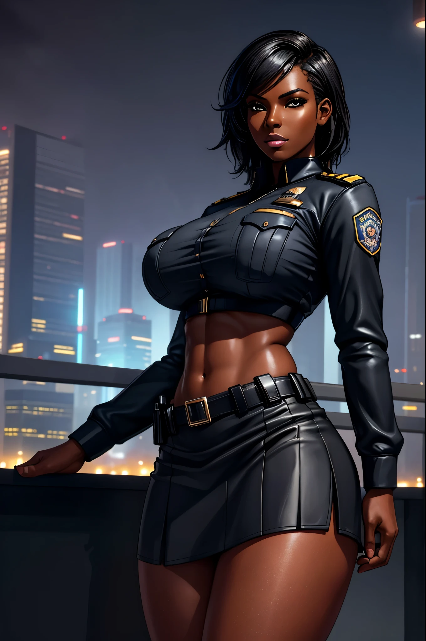 Masterpiece, highest quality, details, black woman, African female, hunter, brown skin, warrior, modern, full body, sensual eyes, gun in hand, city building, realistic, game avatar, sexy pose, brown leather, silver bullet necklace, crucifix earrings, long dark hair, grandes, vampire hunter