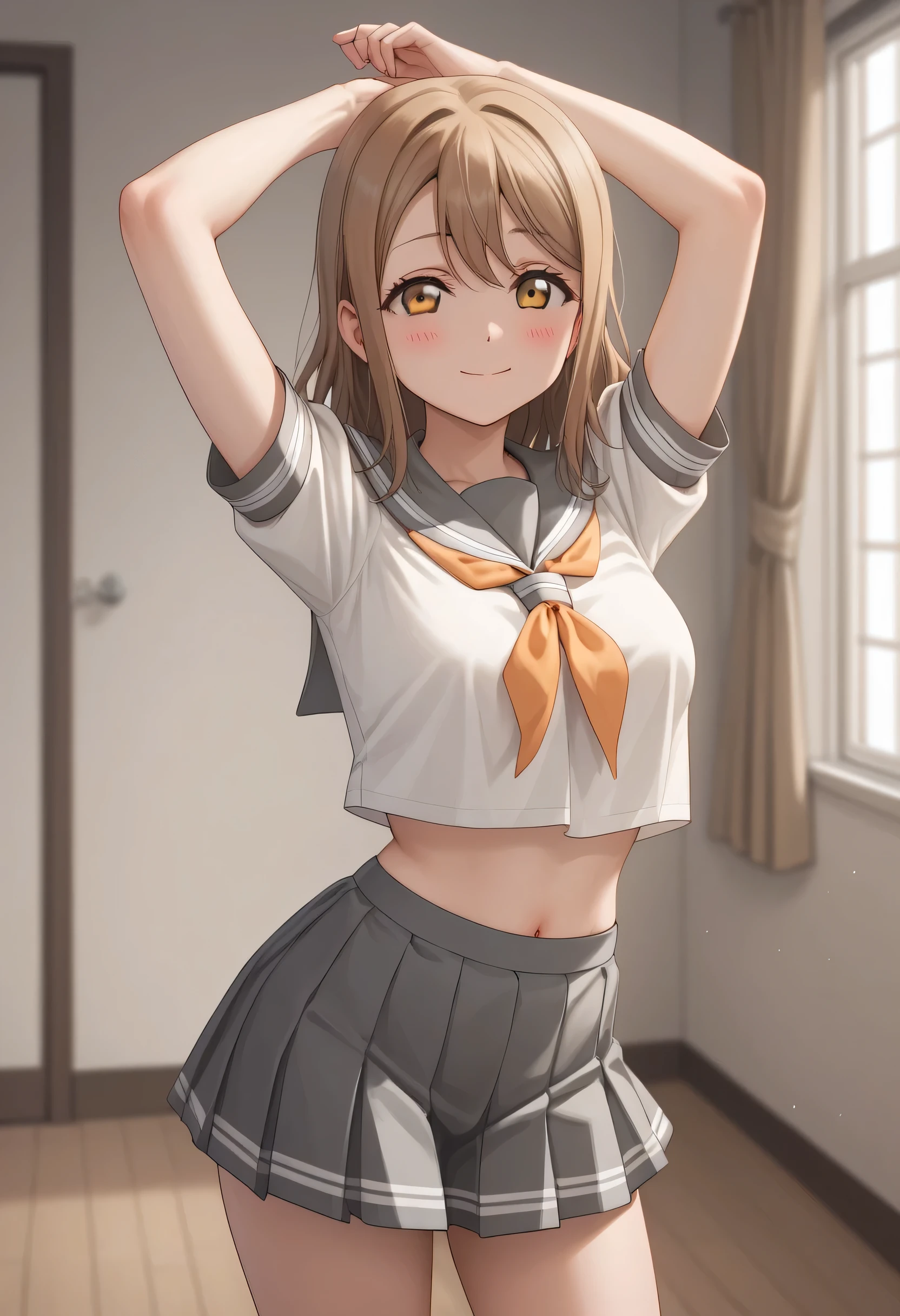 An image of Hanamaru Kunikida blushing, medium breasts, with Sailor fuko and short gray skirt, standing half tilted posing with arms raised in a room