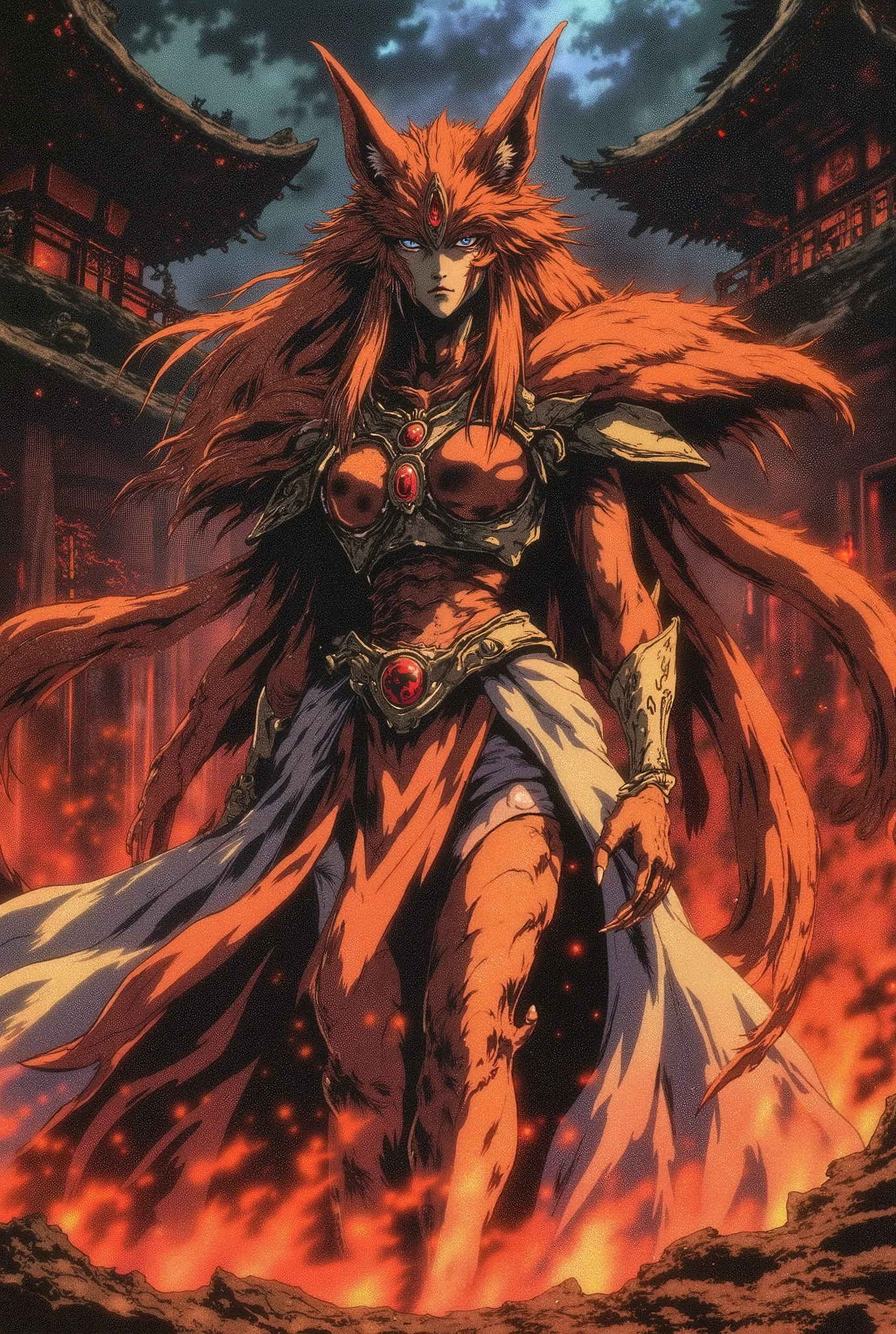 a woman, orange fox face, orange and white symbiotic armor, sharp claws, nine tails, a burning Japanese temple