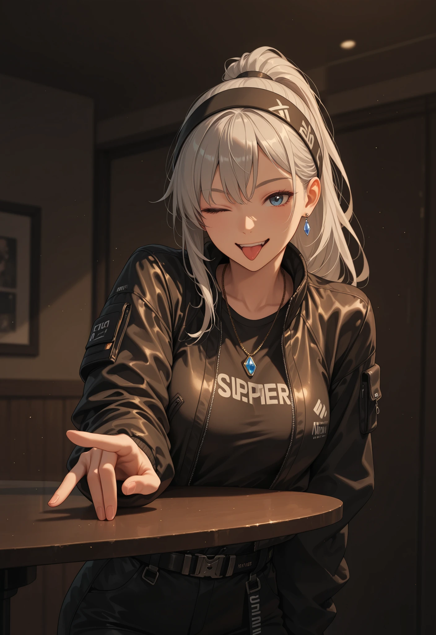 1girl, solo, female focus, upper body focus, cowboy_shot, long shot, long hair, ponytail, gray hair, bright blue eyes, looking at viewer, wink, one eye closed, leaning against a table, hairband, smile, happy laugh, sticking tongue out, finger pistols, one earring, gemstone necklace, photomodel pose, black clothes, black techwear jacket, black techwear, urban streetwear, belts, (adolescent:0.45), cute,
,(realistic lighting, masterpiece, highres, absurdres, depth of field, best quality, amazing quality, very aesthetic, high resolution, newest, hyper-detailed:0.78), (SuperQuality:1.2) dynamic pose
