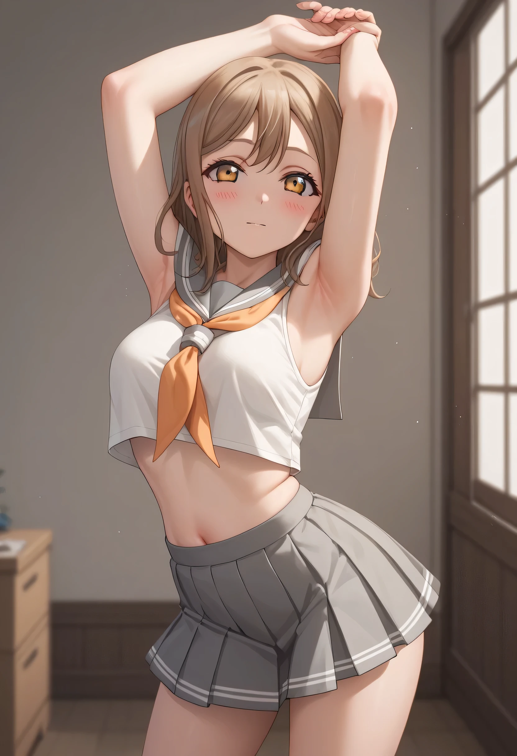 An image of Hanamaru Kunikida blushing, medium breasts, with Sailor Fuko in short gray skirt, with half bent feet posing with arms raised in a room,  approach from behind 