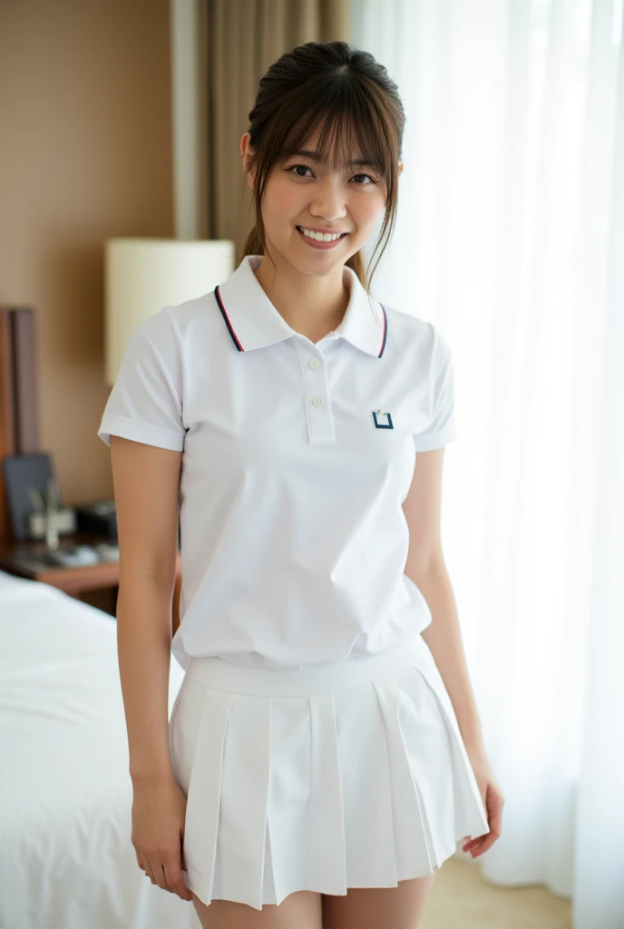 (Masterpiece, Best quality:1.4), (Ultra realistic, Photo-realistic:1.2), Full body, (kneeling:1.2), Looking at viewer, Natural light, 25 years old actress, Japanese women, (arms behind back: 1.2), Neat and clean, (White sexy tennis uniform, White short-sleeve polo shirt with darknavy line collar:1.2), (unbutton:1.3), (White tennis skirt:1.2), (Short wavy ponytail:1.2), Short wavy hair, Light brown hair color, (Beautiful Face), Oval face, clear, (Beautiful eyes, Kind eyes), (Clear skin), Small face, (Small mouth, Beautiful mouth), Natural makeup, Approachable, Luxury hotel Suite room, On bed, (nsfw:1.1), Seductive smile, (Seductive pose:1.2), (Beautiful thighs:1.1), Bedroom eyes,