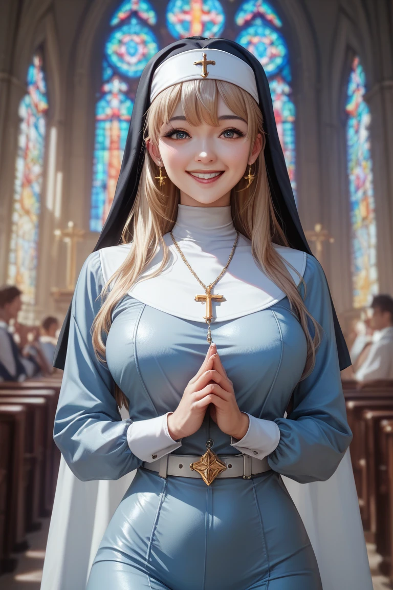 1 girl who died、masterpiece、top quality、 super realistic、 Gold、Bangs、long hair、light blue full bodysuit、Tie up with a crossed white belt、smile、Holy Church、stand、put your hands together in front、sister、 nun