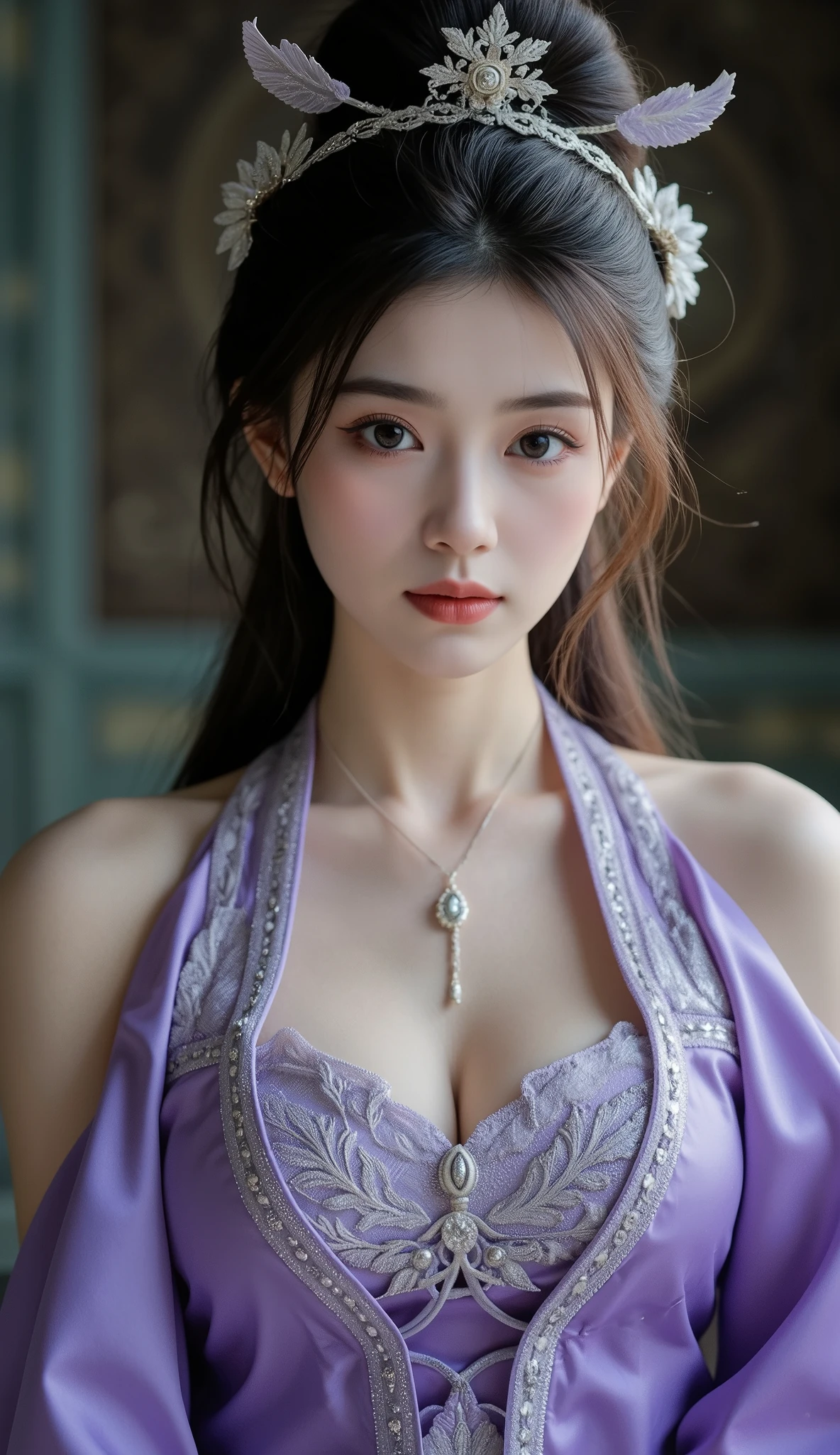 a beautiful woman, messy hair, girl, Symmetrical bun, Hair accessories, Jewelry, exquisite face, eye milk, Purple top, Purple, Purple, Purple long skirt, Dunhuang style, Exquisite embroidery, Silver decoration, silver streamer , white streaming , Light blue ribbon, delicate skin, Soft light effect, Delicate and smooth hair, exquisite details, eye highlighter, fair skin, Beautifully portrayed, Extreme details, cinematic quality, thin, slim, Broken, Hair details, thin bangs, Shoulder-length hair, the right body, milk, Air Bangs, 8,000, very good, High-quality fabric texture, Soft, Flexible, Smooth texture, Dunhuang style, Exquisite pattern, Correct hand drawing, Anatomically correct, Accurate, night, dark night, illumination, Tyndell effect, ray tracing, head-up display , Stunning ancient beauties, perfect face, perfect facial features (Detailed facial depiction), The most beautiful big eyes, beautiful pupils, long lashes, Exquisite and beautiful makeup, blush, moisturized pink lips, ((( Gorgeous sleeveless pink slim-fitting satin embroidered phoenix robe)))) ,,, Shiny black bun (Chinese classical style hair design), 精美的发钗Hair accessories, Exquisite earrings and necklaces, Noble Temperament , slim waist, slim legs, perfect body, Sexy and charming, accurate perfect body , Charming curves, Big Butts, and face the audience, Opulent palace interiors, Exquisitely carved jade masonry, owner's work , masterpiece, best quality, High quality, high resolution, , movie illumination, depth of field, close up.