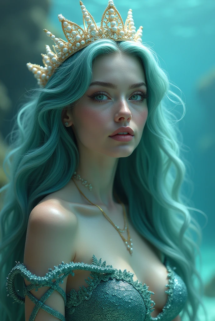 A young woman with voluminous hair in shades of blue and green, rippling like the waters of the ocean. Her hair is adorned with small shells and pearls that shine softly. Your eyes are a sparkling emerald green, with makeup in shades of blue and gold that recalls the depths of the sea. Your skin has a pearly glow, as if reflecting the light of the water. Ao fundo, there is a soft texture of corals and seaweed in pastel tones, that complete the underwater environment. 8 k quality, mystical and ethereal style.