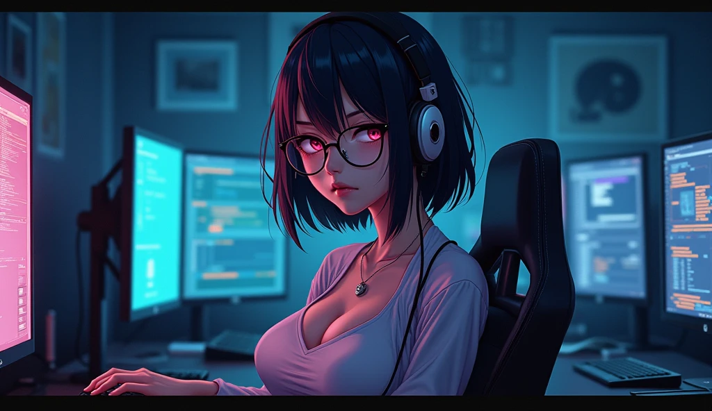 ultra-detailed, cute woman, petite stature, enormous breasts, white skin, alluring figure, black long messy hair, long upper eyelashes, eyebrows behind hair, upturned eyes, light blush, seductive smile, background((dark and messy gaming room, Server Machine, neon lights, Braces, some Computer screen, notebook)), messy paper, flight, Debris flying, writing border depth, Movie, Finished lunch box, Cup drinks, (((seated in a gaming chair))), ((sitting behind a computer)), ((Cross the feet)), (engrossed in staring at the computer screen:1.4), ((hands moving on the keyboard)), ((black RGB gaming headset)), ((black-framed glasses)), ((Blue jacket)), Open one shoulders, ((black short bandeau top)), ((white skirt), ((black thigh-high stockings)), ((screen light)), HDR, Premium shadow, Perfect painting, visual art, Perfect art, super detail, chiaroscuro, Best quality, super textured skin, super detail face, perfect face, Super fine facial details, beautiful and delicate eyes, perfect eyes, correct limbs, correct finger, super detail finger, best hair quality, best clothing quality, (((best prop quality))), ccurate, highres, super detail, masterpiece,, (photorealistic:1.3)