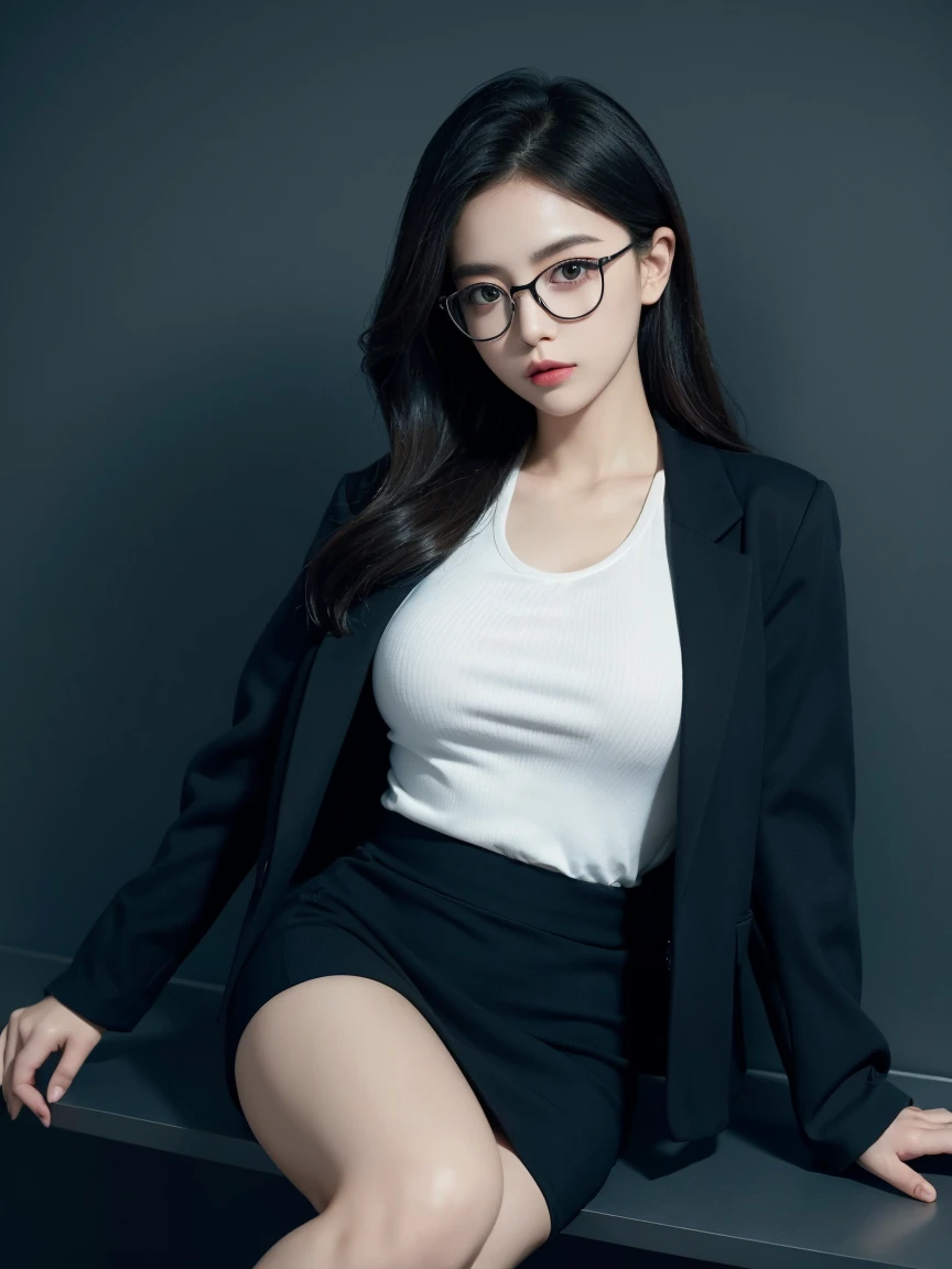(Highest quality:1.5), (Real:1.4), (Ultra high definition:1.4), (No correction:1.4), (skinny Japanese woman with average size breasts standing front plain background in studio), (A woman wearing black-rimmed glasses), (Very small eyes), (breasts of average size), (Average height), (Bangs that hide eyebrows), (Long black hair), (Dark personality expression), (Black pantsuit), (White blouse), (black hair woman is standing with a black pant suits over a white blouse front plain background in studio), (woman viewed from the front), (Plain background), (Cowboy Shot), (Cold expression), (upright), (A woman with long black hair and glasses), (My bangs hide my eyebrows), (Sharp and tiny eyes)