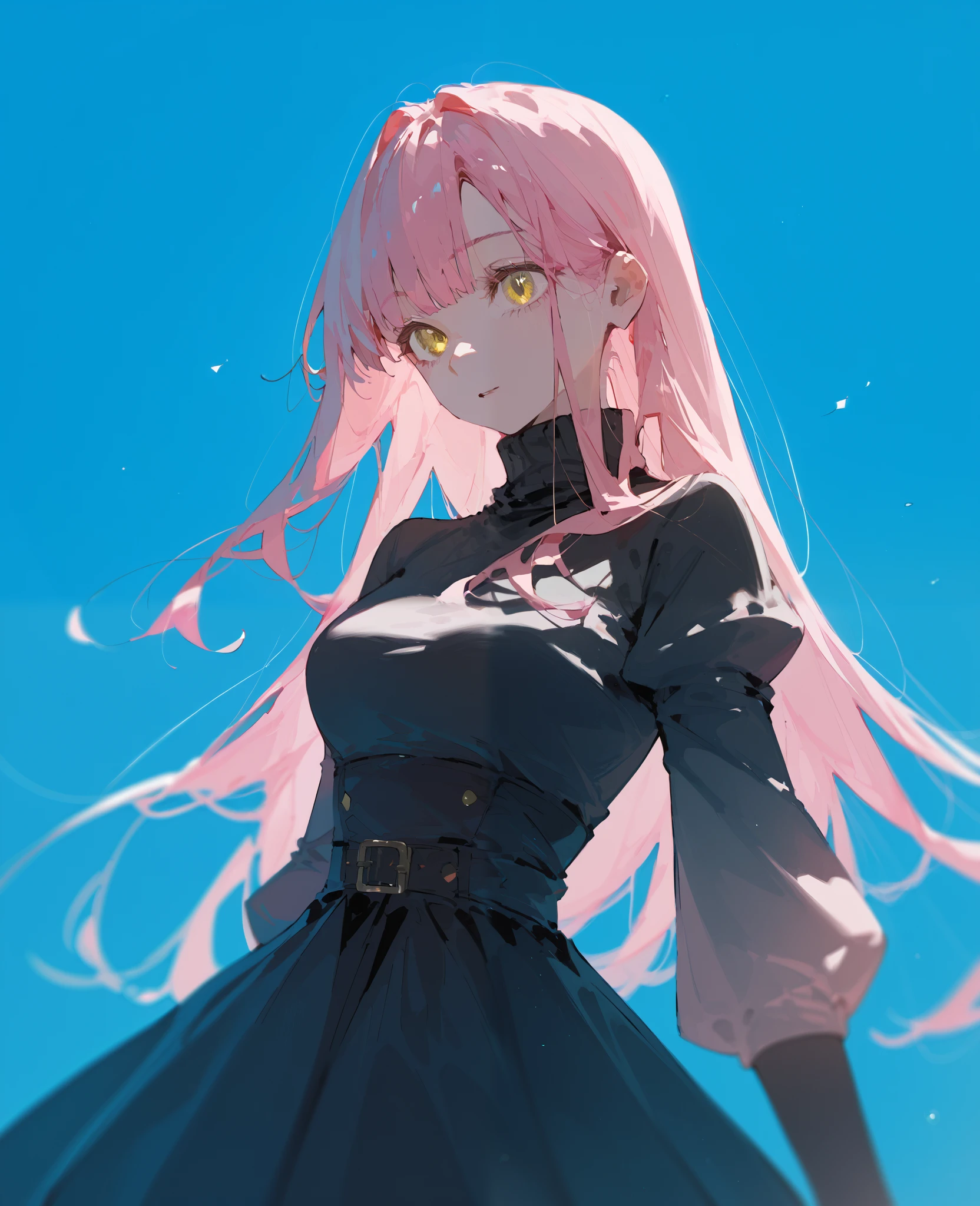 girl,light pink hair,in yellow eyes,BLACK TURTLENECK DRESS COLOR SET,blue background, long hair