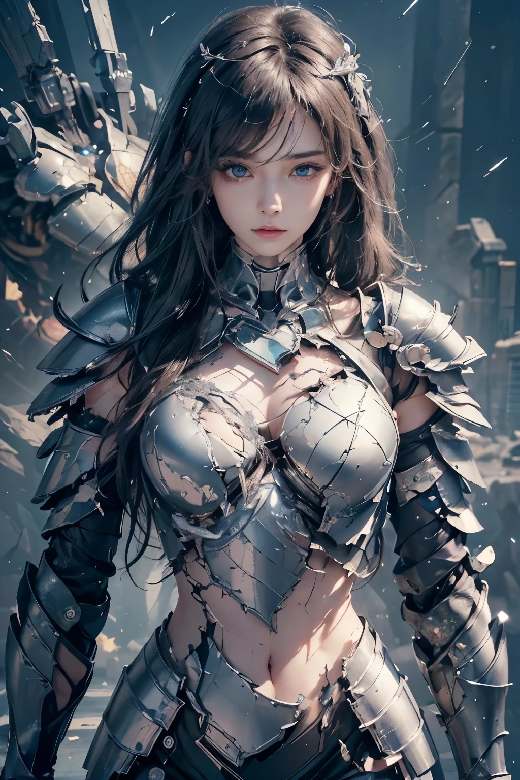 masterpiece, highest quality, very well detailed, facing the camera, 複雑に詳細なvery well detailed, realistic, Sharp Features, very well detailed, sharp concentration, perfect face, perfect face, Perfect Symmetry and Perfect Eyes, Perfect Plump Lips, Flexible female body, movie, film light, very well detailed, hyper realistic, masterpiece, atmosphere, High Resolution, vibrant, Dynamic Studio Lighting, ((Dark Background)), Expression when enduring pleasure , straight bang, blue eyes,Kneel and place your hands on your crotch.、butt、 sexually aroused expression 、unclothed、nsfw,((top quality、8k、masterpiece:1.3))Equipped with a silver-white mechanism, Girl with Delicate Face , best image quality , ultra clear ,Delicate and clear face , End of the World ,Mechanical Arm,Exquisitely drawn mechanical patterns , cyberpunk character、numbercity、number、century、throne,(cracked armor:1.4),,((Shattered armor:1.4)),,((crushing armor:1.4)),((Armor half chest split:1.4)),,((Broken chest armor:1.4)),,,((The right chest section of the armor has been torn off.:1.4))