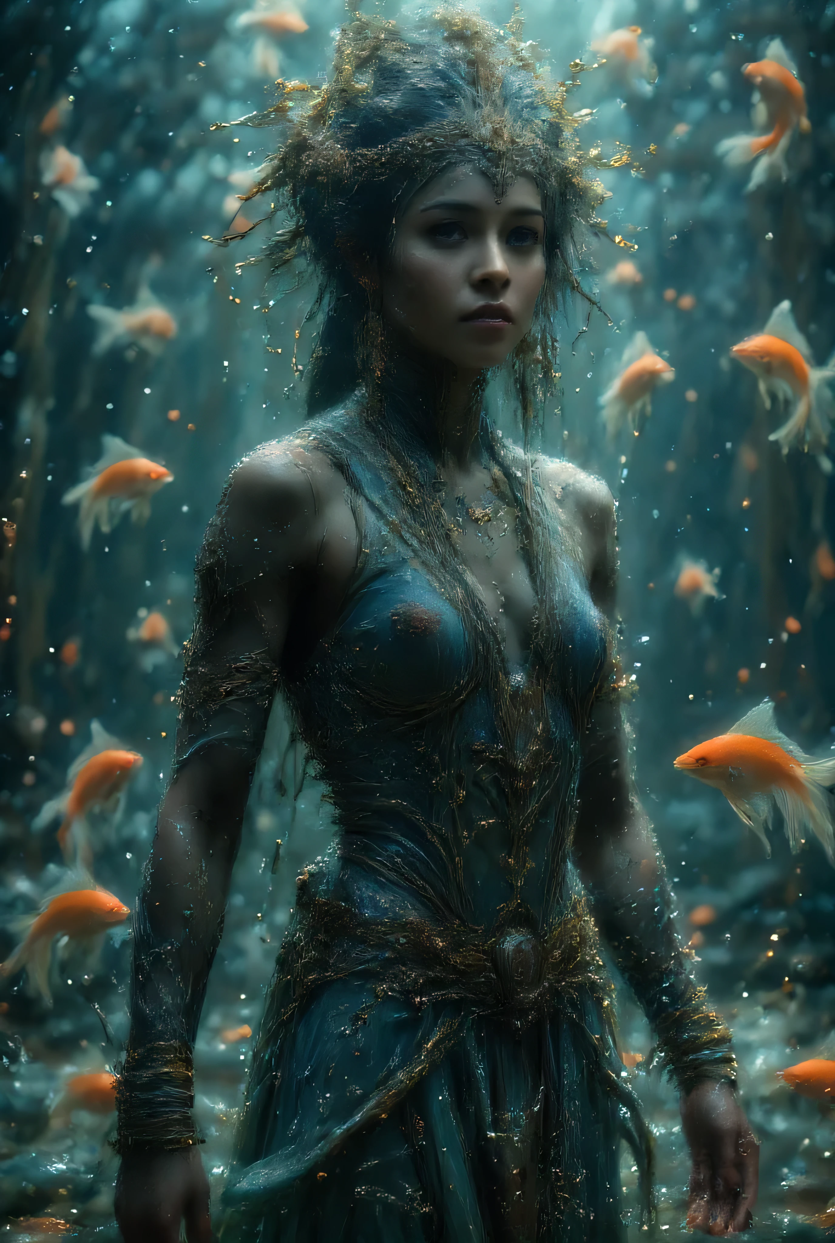 Extremely black-skinned African woman with delicate features, Ornate like an Egyptian goddess, Emerging from the water, water particles , goldfish rising around you, It's covered in jewels, Your dress is based on African tribal culture, Realistic photo, 4K, 8k, well lit, Maximum details , detailed body pores
