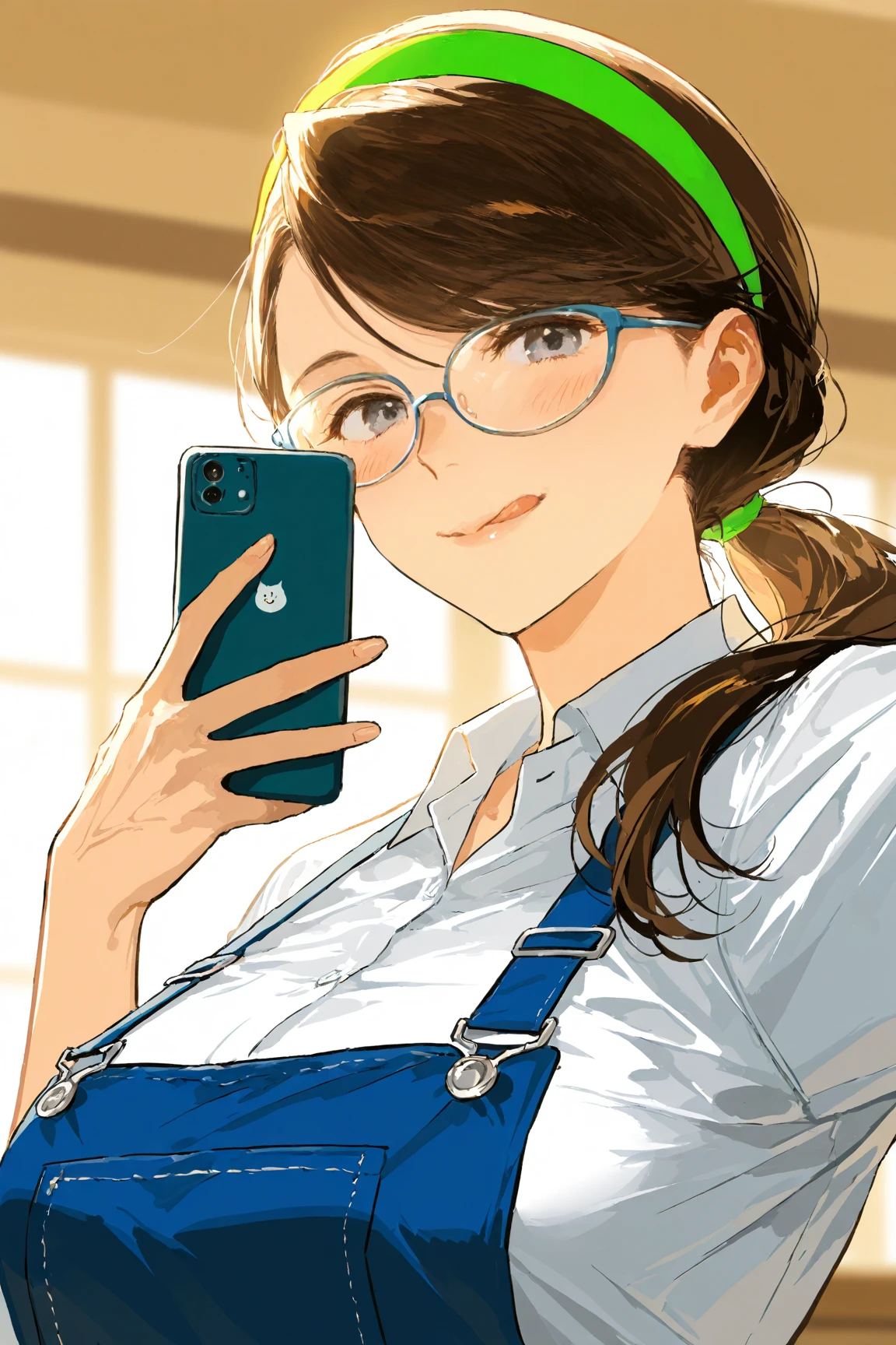 
Rella, Jailbreaking, (anipai_style:1.1), anime screenshot, Eyes with a warm HYPER UHD pro resolution, (highly detailed hands:1.2), (anatomically correct hands:1.2), (realistic finger positioning:1.2), (smooth and natural hand structure:1.1), well-defined fingers, expressive and elegant hands, (anime-style coloring:1.1), vibrant colors, crisp lines, (professional inking:1.2), (ultra-fine contours:1.2), clean and precise edges, high-definition, soft shading, soft lighting, highly aesthetic, best quality, refined textures, delicate drawings, professional illustration, expressive eyes, (perfect anatomy:1.1), (sharp details:1.1), (high-resolution fine edges:1.1), score_8_up. 1 girl, alone, long hair, boobs, blush, bangs, big boobs, huge round boobs, brown hair, shirt, white shirt, upper body, ponytail, glasses, tongue, collared shirt, indoors, tongue out, blurry, apron, grey eyes, blurred background, swept bangs, phone, cell phone, smartphone, low ponytail, holding phone, mature woman, licking lips, green headband, selfie, overalls, breast slide, looking at phone, blue apron,(glasses:1.3), (highly detailed glasses:1.2), (sharp and clean glasses frames:1.2).