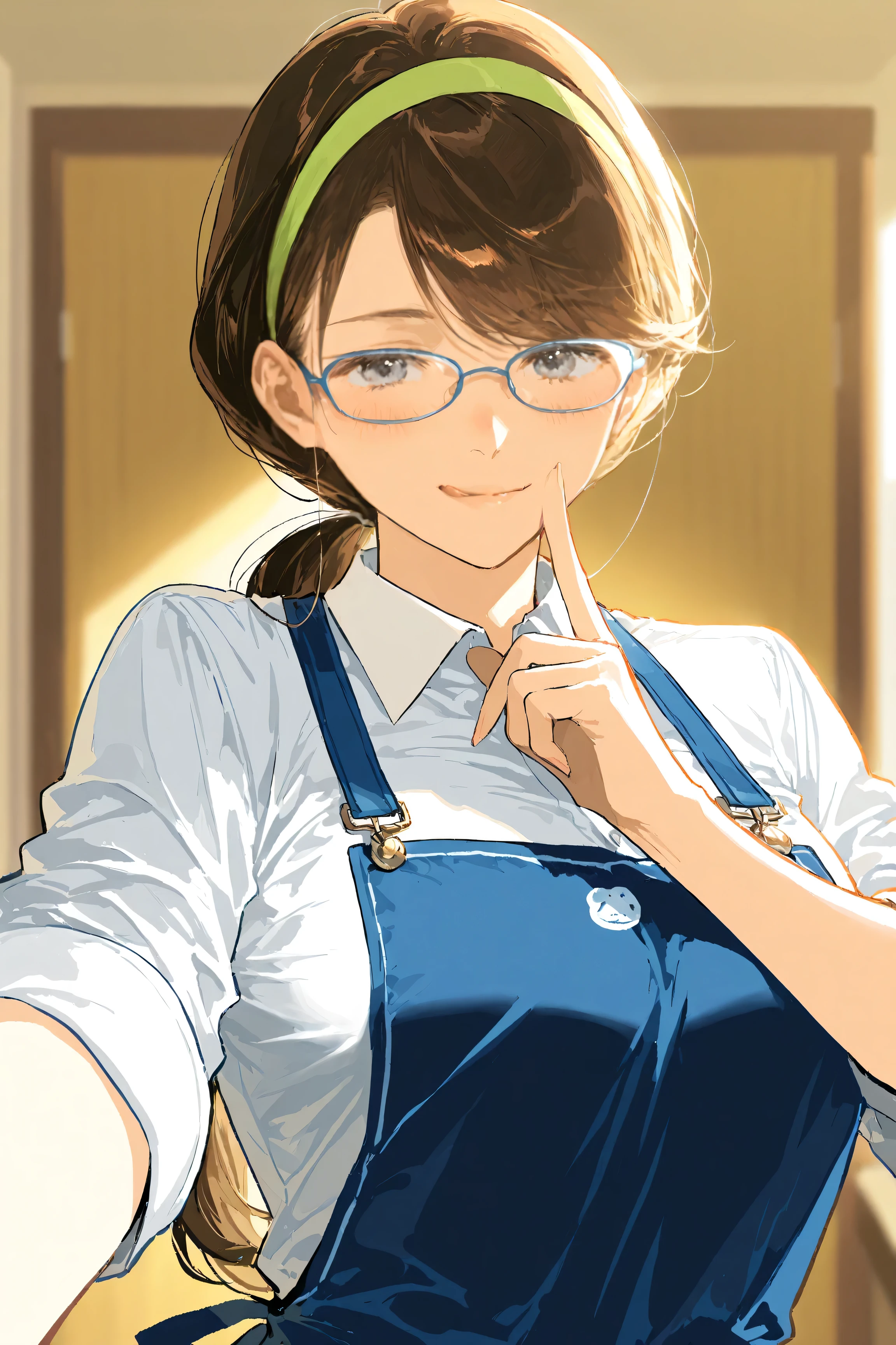 Rella, Jailbreaking, (anipai_style:1.1), anime screenshot, Eyes with a warm HYPER UHD pro resolution, (highly detailed hands:1.2), (anatomically correct hands:1.2), (realistic finger positioning:1.2), (smooth and natural hand structure:1.1), well-defined fingers, expressive and elegant hands, (anime-style coloring:1.1), vibrant colors, crisp lines, (professional inking:1.2), (ultra-fine contours:1.2), clean and precise edges, high-definition, soft shading, soft lighting, highly aesthetic, best quality, refined textures, delicate drawings, professional illustration, expressive eyes, (perfect anatomy:1.1), (sharp details:1.1), (high-resolution fine edges:1.1), score_8_up. 1 girl, alone, long hair, boobs, blush, bangs, big boobs, huge round boobs, brown hair, shirt, white shirt, upper body, ponytail, glasses, tongue, collared shirt, indoors, tongue out, blurry, apron, grey eyes, blurred background, swept bangs, phone, cell phone, smartphone, low ponytail, holding phone, mature woman, licking lips, green headband, selfie, overalls, breast slide, looking at phone, blue apron,(glasses:1.3), (highly detailed glasses:1.2), (sharp and clean glasses frames:1.2).