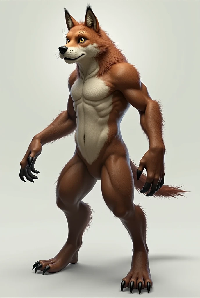 solo, anthro, Coyote, digitigrade legs, full body, male, cute, soft, male, standing, hand on hip, eyelashes, smiling, upright, naked, toned, nipples, paws, looking at viewer, front view, cinematic angle,detailed facial features, detailed lighting, masterpiece, detailed, realistic, perfect anatomy, perfect shading, beautiful quality, masterpiece, hi res, absurd re、 detailed hands, {{blender (software)}},