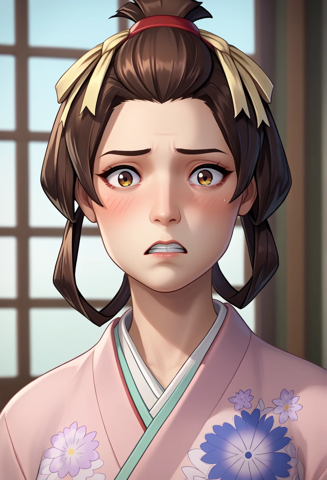 score_9, score_8_up, score_7_up, source_3d, solo, 1girl, mikotoba susato, looking at viewer, confused yet concerned look, blushing, slightly shocked, head tilt, confused head tilt, brown hair, hair rings, bangs pinned back, hair ribbon, pink kimono, floral print, red hakama, hakama, embarrassed, flustered, slight teeth