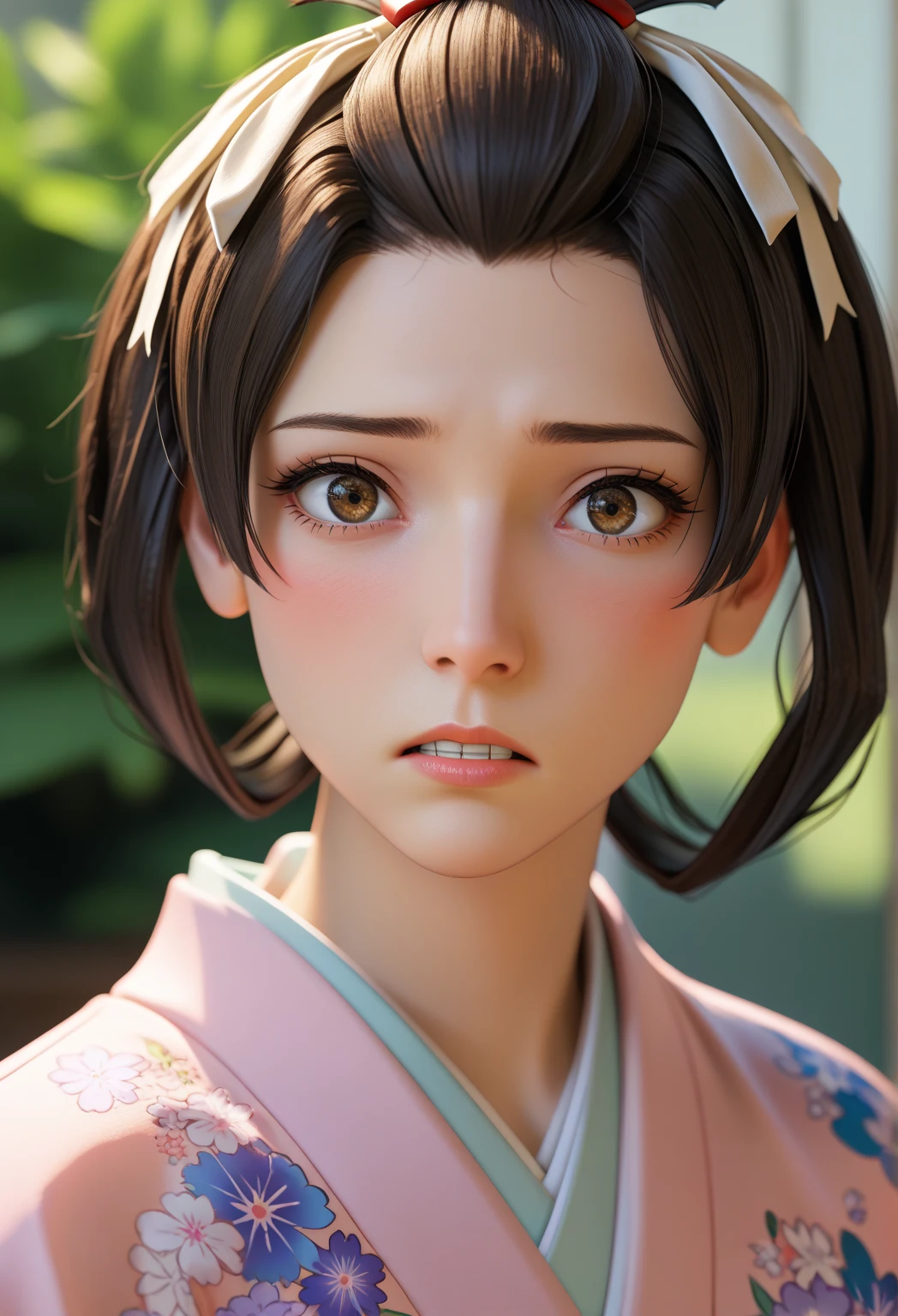 score_9, score_8_up, score_7_up, source_3d, solo, 1girl, mikotoba susato, looking at viewer, confused yet concerned look, blushing, slightly shocked, head tilt, confused head tilt, brown hair, hair rings, bangs pinned back, hair ribbon, pink kimono, floral print, red hakama, hakama, embarrassed, flustered, slight teeth