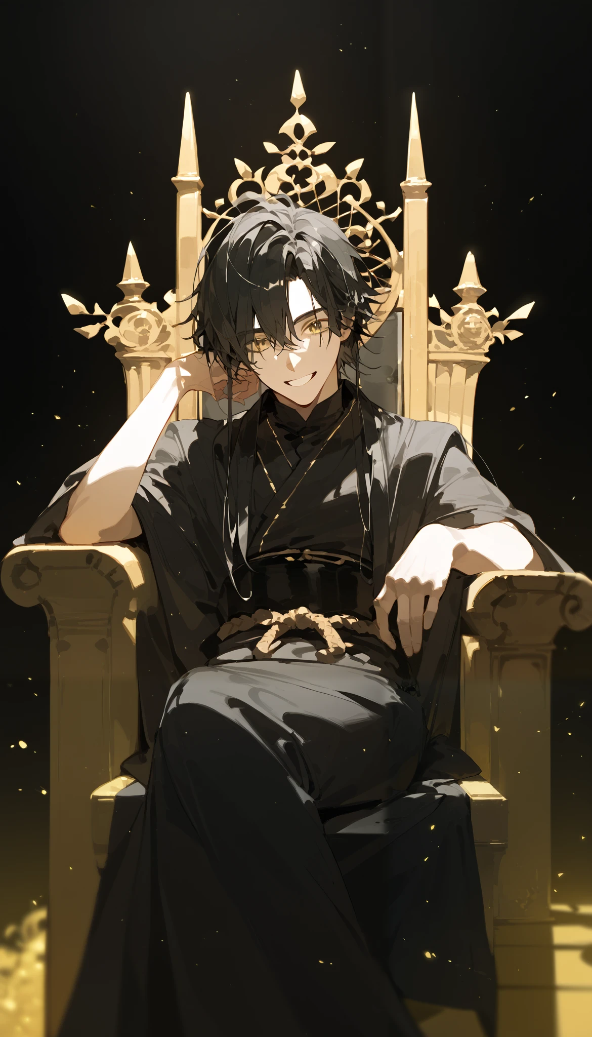 man,Long black hair,kimono,In golden eyes,smile,Sit on the throne, black gold background ,