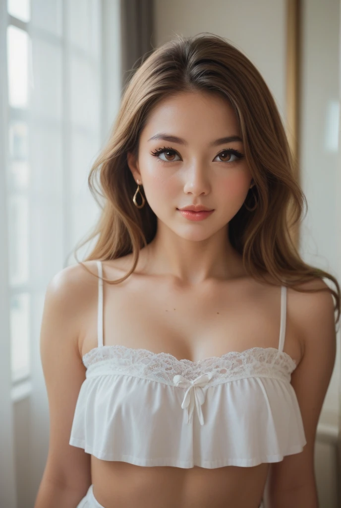 22-year-old woman,Full body portrait, Adorable expression, (Highest quality,4K,8K,High resolution,masterpiece:1.2),Very detailed,(Realistic,photoRealistic,photo-Realistic:1.37),Beautiful attention to detail, Beautiful lip detail, Very detailed顔と特徴, Long eyelashes, cute, window, sunlight, blonde, Soft lighting, pastel colour, Calm colors, Calm, Intimate, Delicate cleavage lace,Very thin outfit,Very small underwear,Small nipples