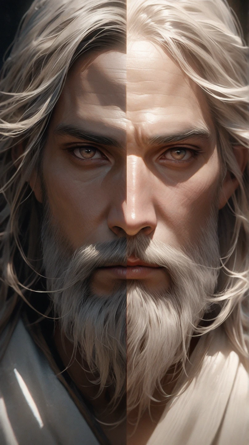2 men.silver hair,silver hair ,golden eyes, silver eyes,rey, Principle,muscular, naked, facial hair, furry,Long hair, hard look, thoughtful, naughty face, mischievous, bright Eyes, High resolution, masterpiece, anatomically correct, necessary, Awarded many times, The best quality, detail, Damaged, details altos, HD Model, quality, high quality, smile, White skin, gifted