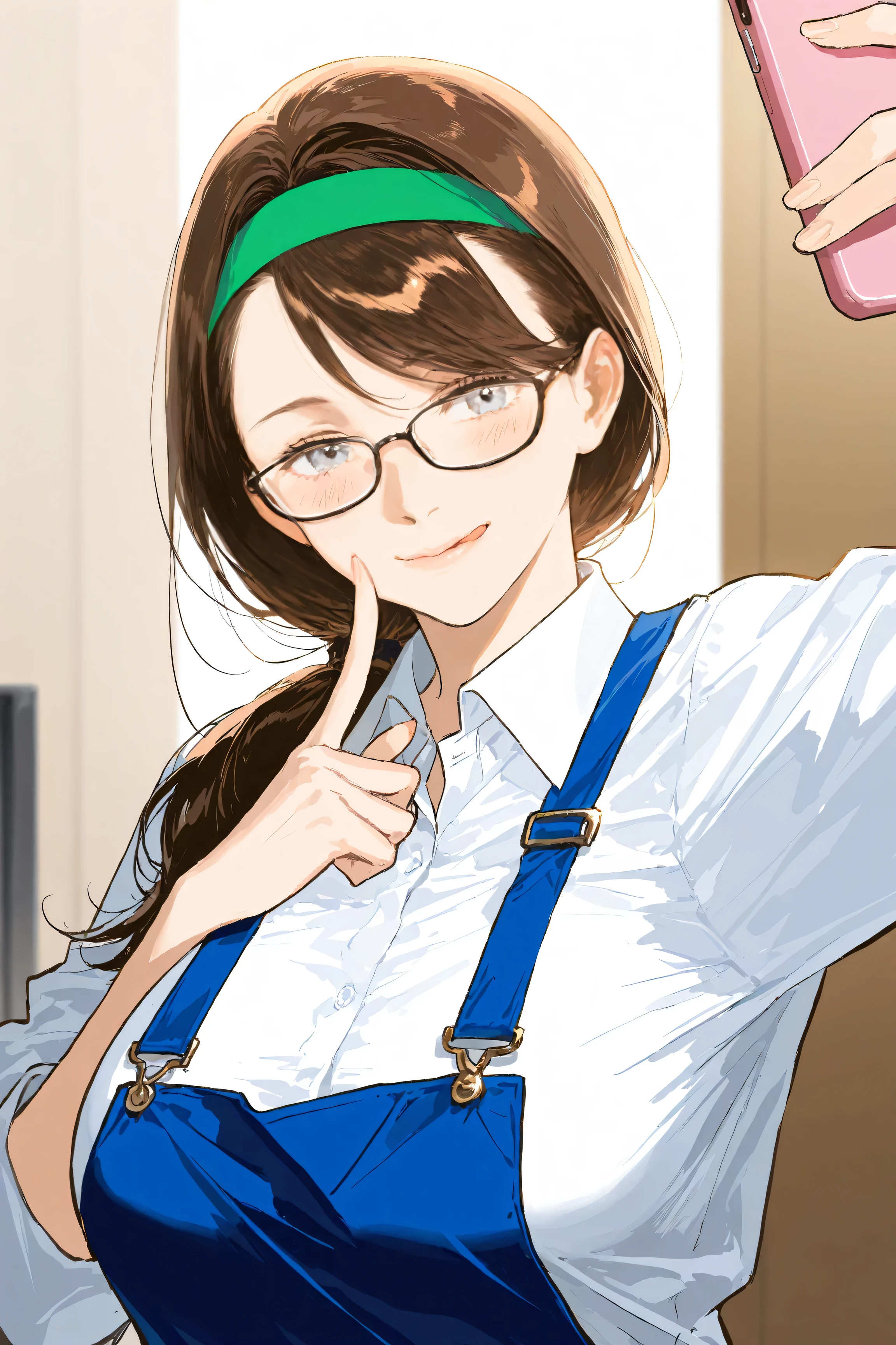 Rella, Jailbreaking, (anipai_style:1.1), anime screenshot, Eyes with a warm HYPER UHD pro resolution, (highly detailed hands:1.2), (anatomically correct hands:1.2), (realistic finger positioning:1.2), (smooth and natural hand structure:1.1), well-defined fingers, expressive and elegant hands, (anime-style coloring:1.1), vibrant colors, crisp lines, (professional inking:1.2), (ultra-fine contours:1.2), clean and precise edges, high-definition, soft shading, soft lighting, highly aesthetic, best quality, refined textures, delicate drawings, professional illustration, expressive eyes, (perfect anatomy:1.1), (sharp details:1.1), (high-resolution fine edges:1.1), score_8_up. 1 girl, alone, long hair, boobs, blush, bangs, big boobs, huge round boobs, brown hair, shirt, white shirt, upper body, ponytail, glasses, tongue, collared shirt, indoors, tongue out, blurry, apron, grey eyes, blurred background, swept bangs, phone, cell phone, smartphone, low ponytail, holding phone, mature woman, licking lips, green headband, selfie, overalls, breast slide, looking at phone, blue apron,(glasses:1.3), (highly detailed glasses:1.2), (sharp and clean glasses frames:1.2).