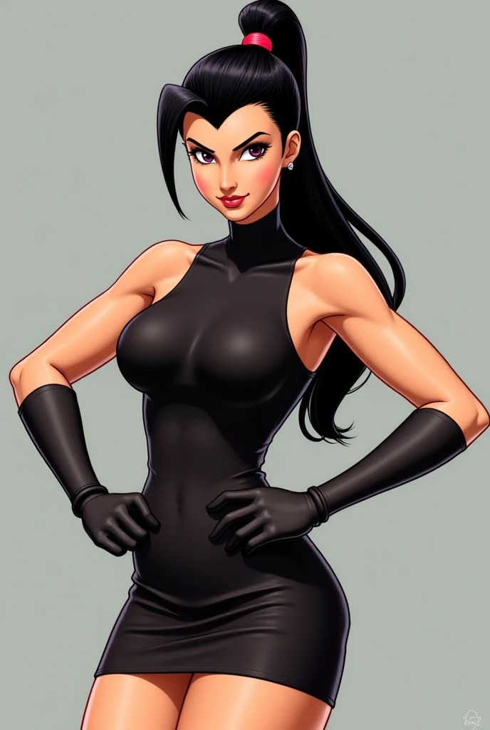 Thin woman (Elexis Sinclaire), 4K, beautiful smiling, seducing gaze, black latex jacket under white top and v-neck, black belt on black latex midi skirt, white peel split no color, black band around the neck with green jewel, black hair with ponytail, eyes browns, busty. comic style, white background.