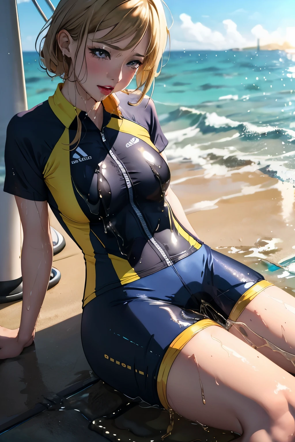 highres, beautiful women, tanned gyaru, blonde hair, high detail, good lighting, lewd, hentai, (((shiny wet spandex short-sleeved cycling suit))), ((wet clothes)), ((soaking wet)), ((wetlook)), bare thighs, nice legs, (((wetting herself))), (((peeing herself))), (((peeing self))), pee streaming down legs, peeing stain, (puddle), (thick thighs), nice long legs, lipstick, detailed face, pretty face, seductive face, aroused, sexually excited, ((in the ocean at public beach))